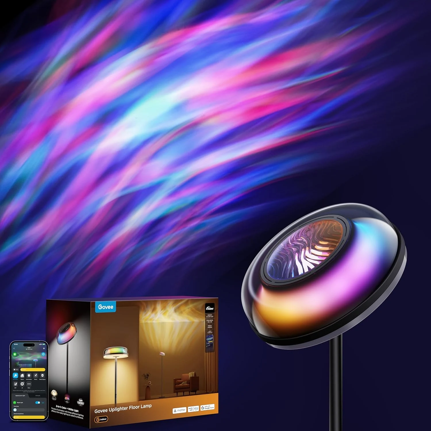 Govee Uplighter Floor Lamp for Living Room, RGBIC Ripple Projector
