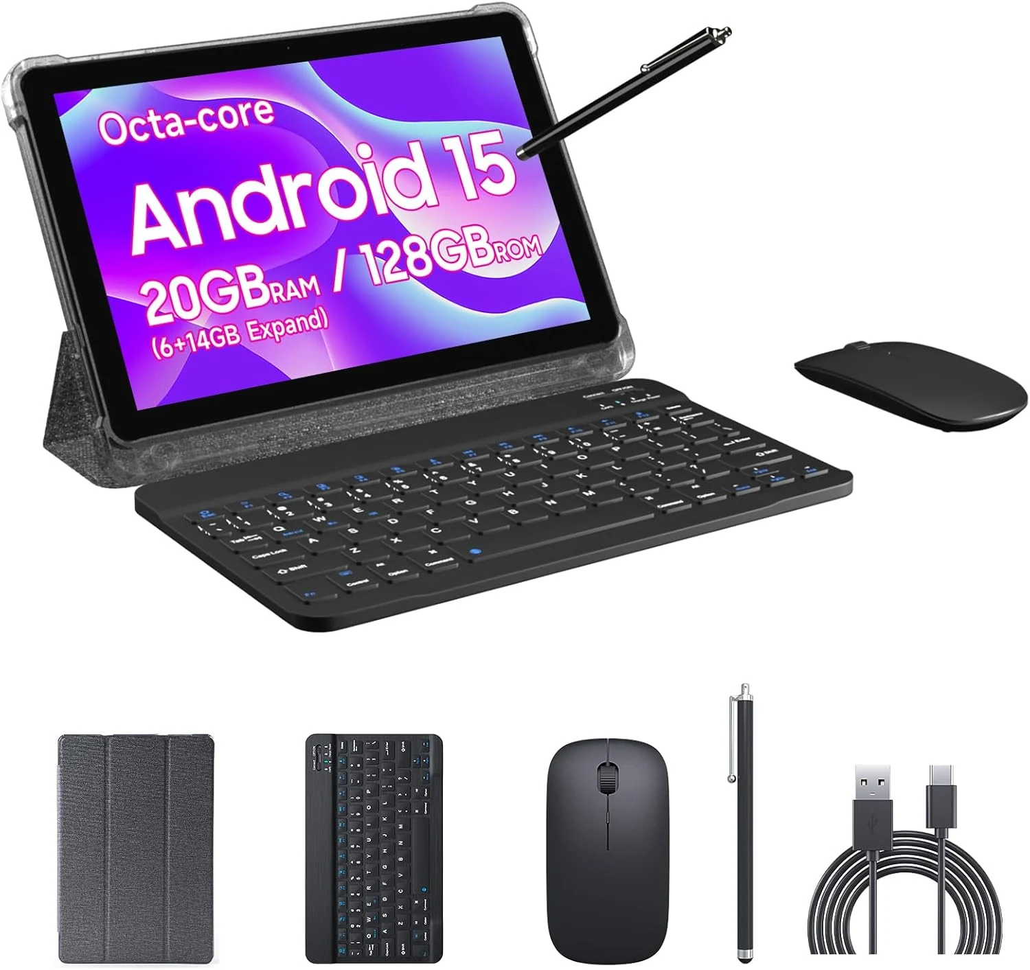 PEICHENG Tablet 10.1" Android15.0, Tab Set with Case/Keyboard/Mouse/Stylus, Octa-core RAM 20GB(6GB+14GB Expand)+ROM 128GB
