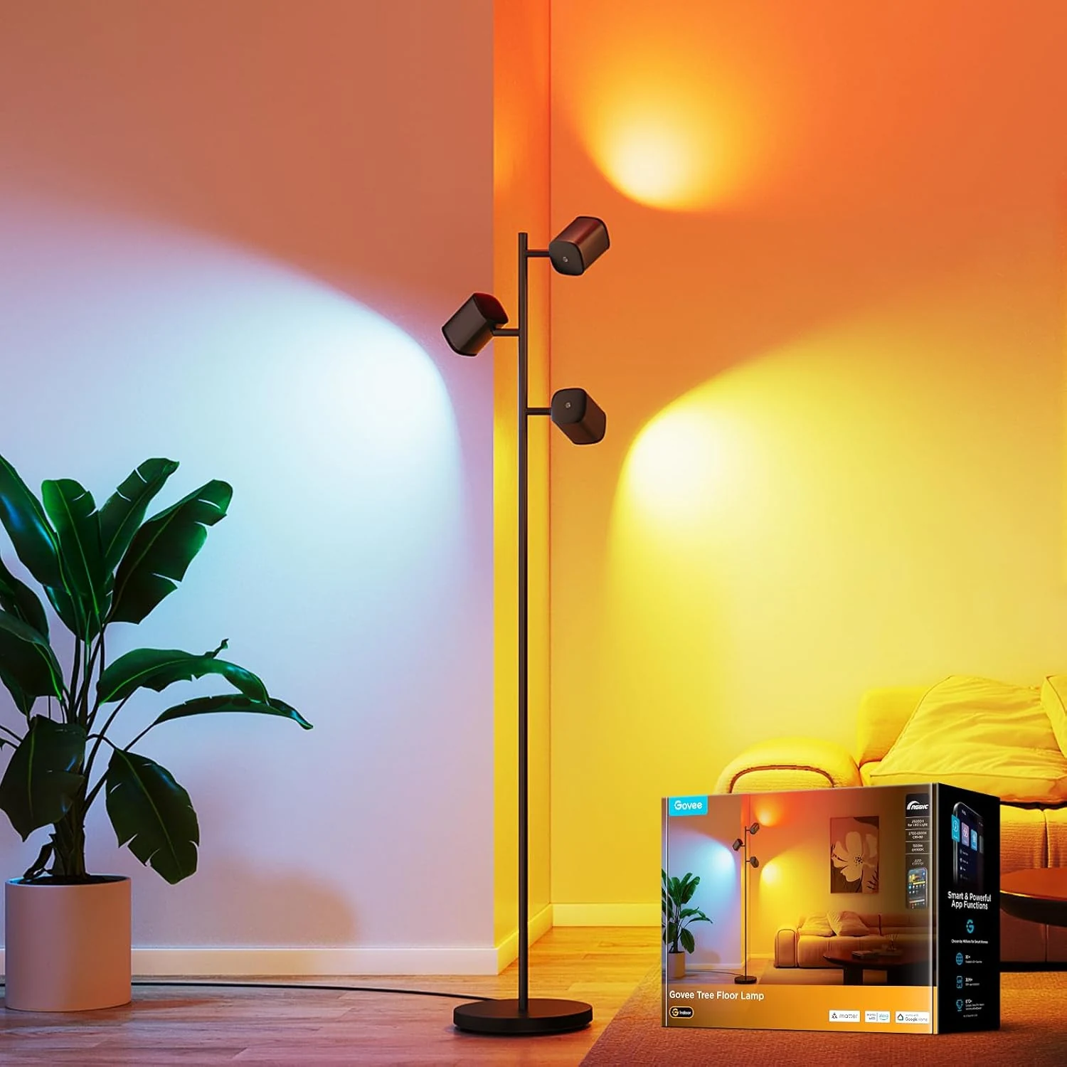 Govee Tree Floor Lamp Compatible with Matter, 3 Rotatable Lights with LuminBlend Technology