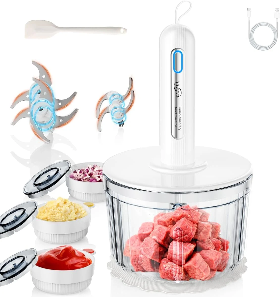 Glass Food Processor with 4 Blades & 4 Bowls (8 Cup + 3x0.5 Cup)