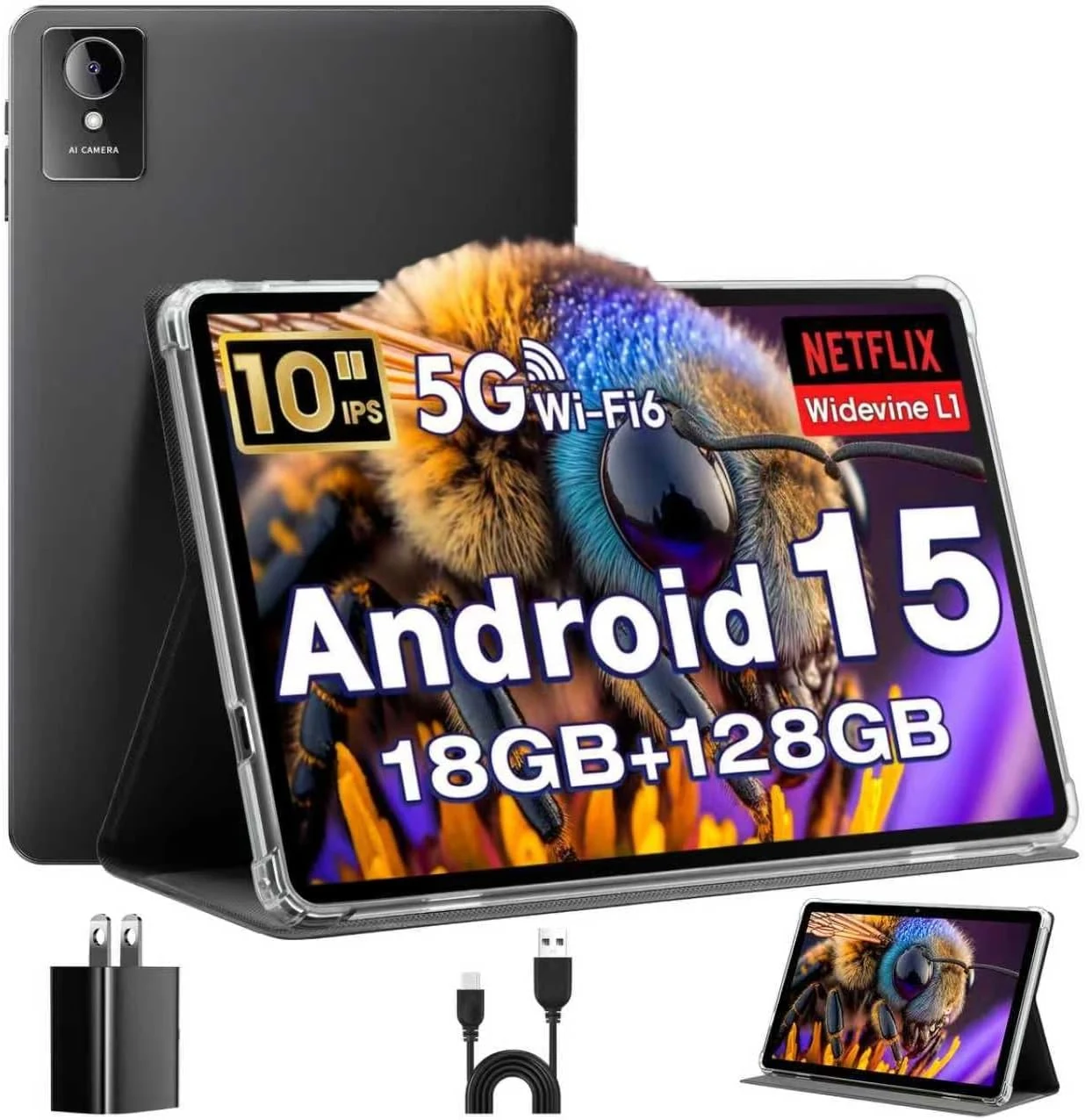 10 Inch Tablet, Android 15 Tablet, 18GB RAM + 128GB (1TB Expandable)