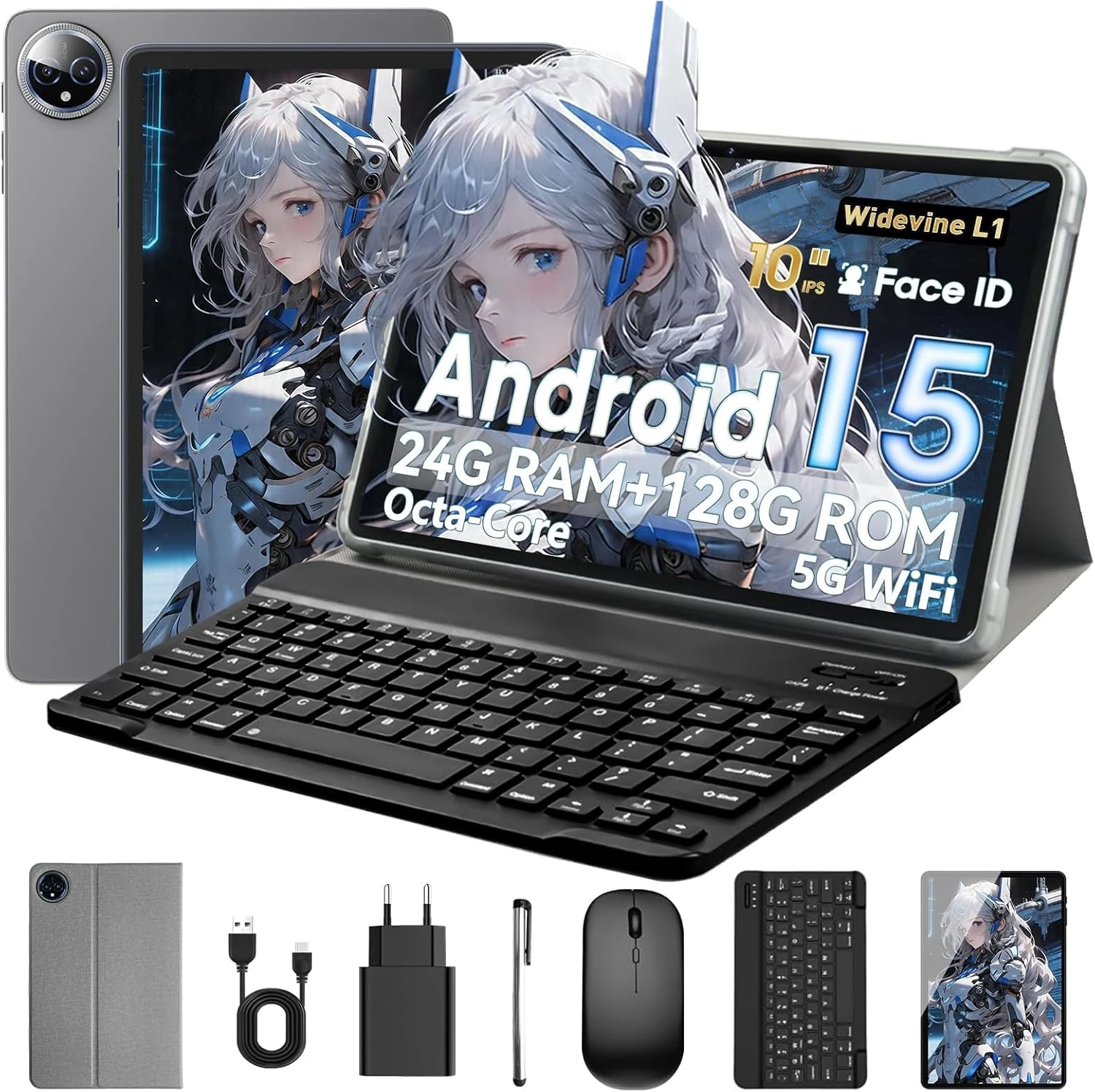MENTUME Android Tablet 10 Inch, Android 15 Tablet with Keyboard (24GB RAM + 128GB)