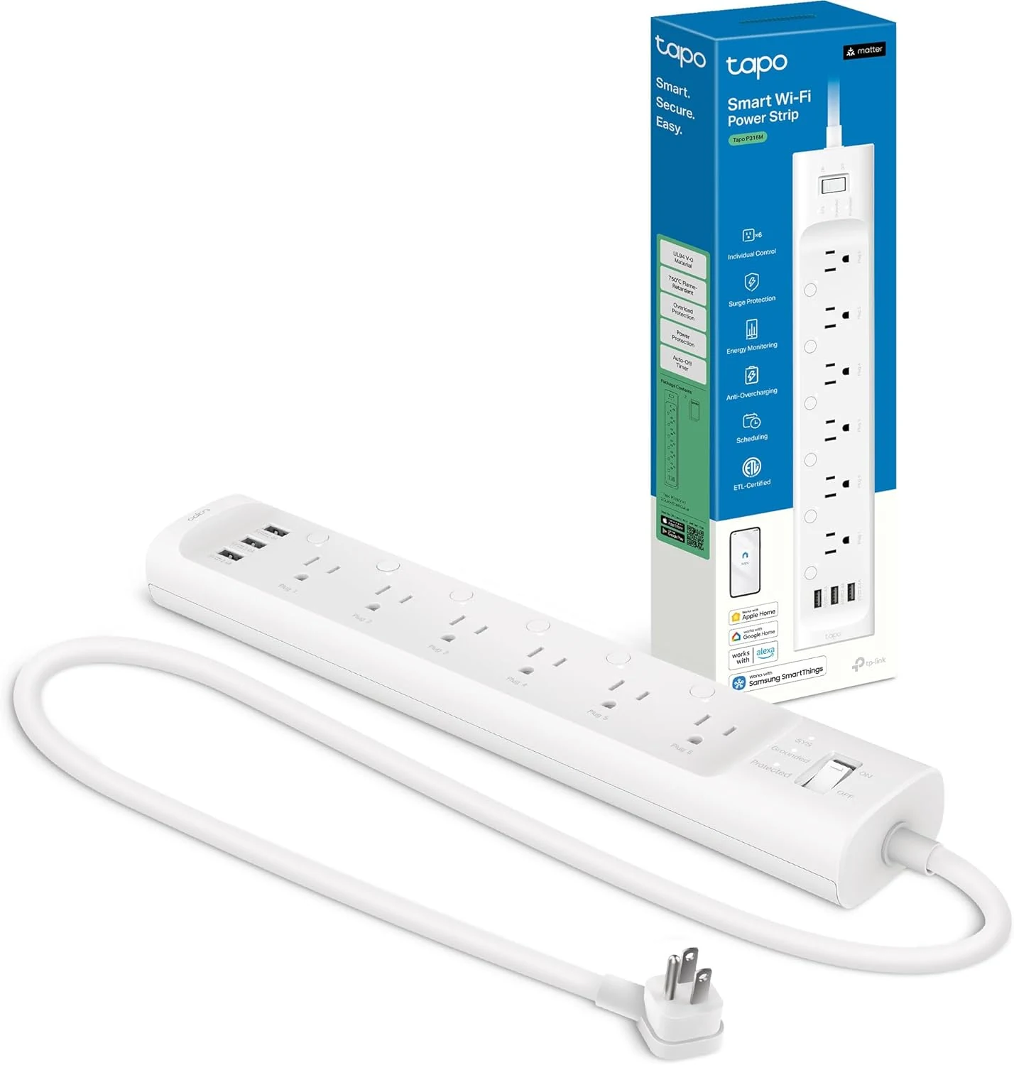 Tapo Smart Wi‑Fi Power Strip (Matter Compatible, Energy Monitoring, 6 Smart Outlets + 3 USB)
