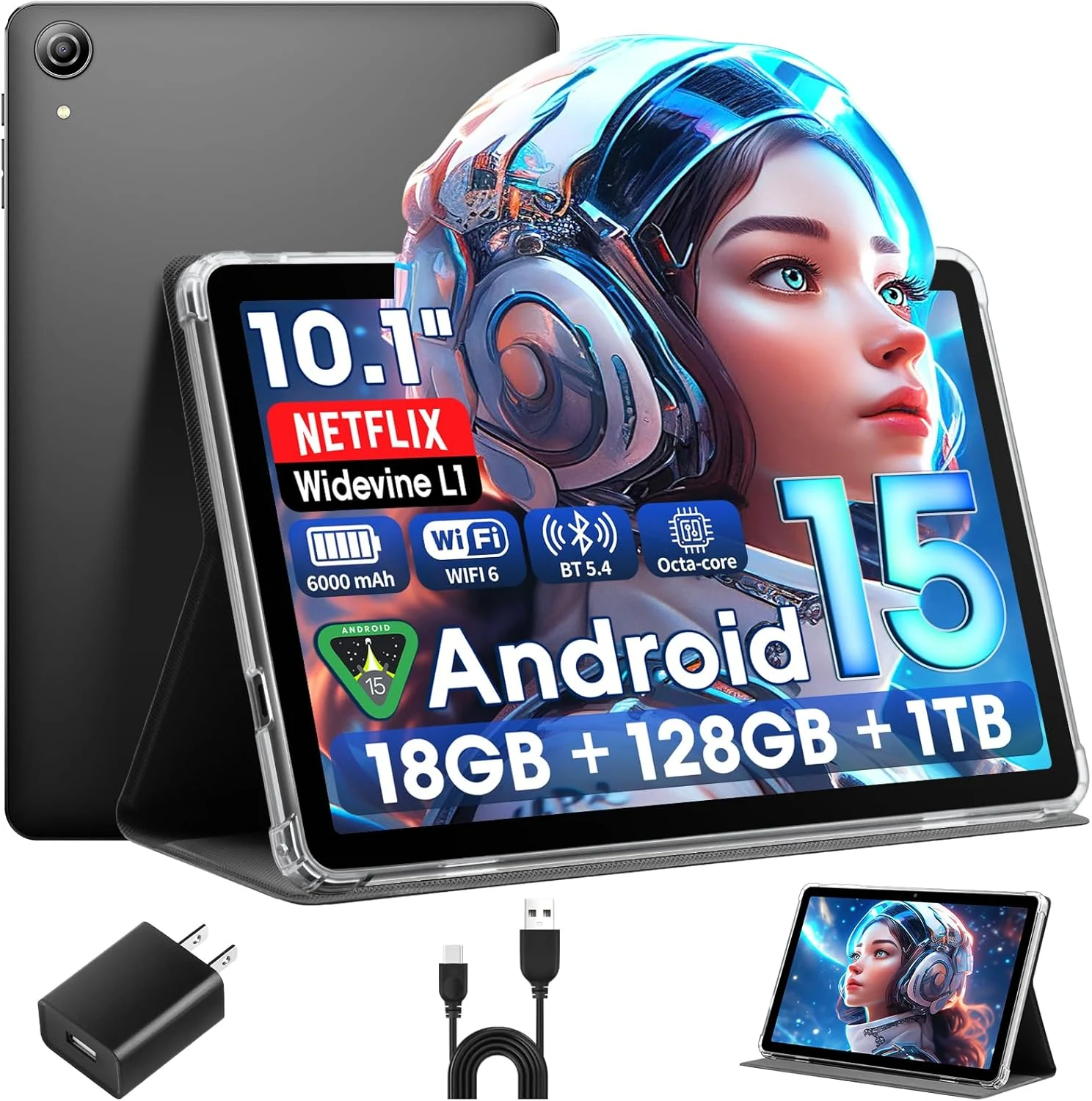 Raemond Android 15 Tablet 10 Inch with Case, 18GB RAM 128GB ROM