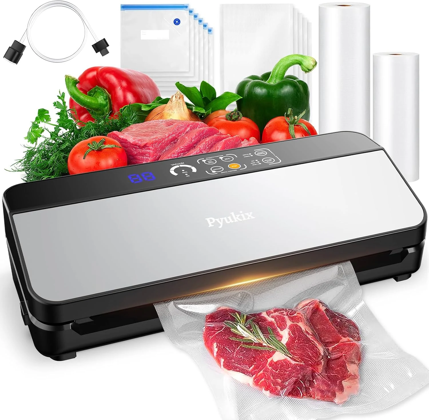 Pyukix Vacuum Sealer Machine (80KPA, 8-in-1 Dry/Moist, Cutter & Storage)