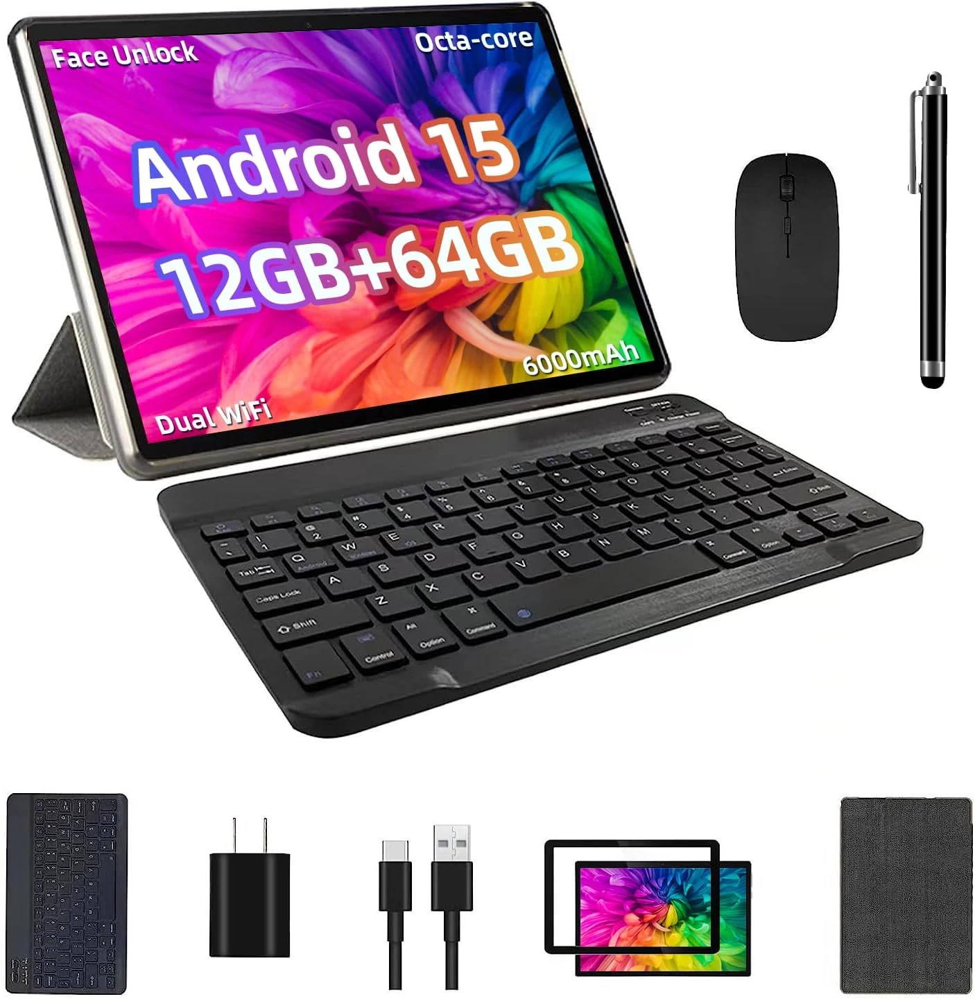 TUOHAITIME Android 15 Tablet, 12GB+64GB+1TB Expand, 10 Tablet Bundle with Keyboard Case, Stylus Pen