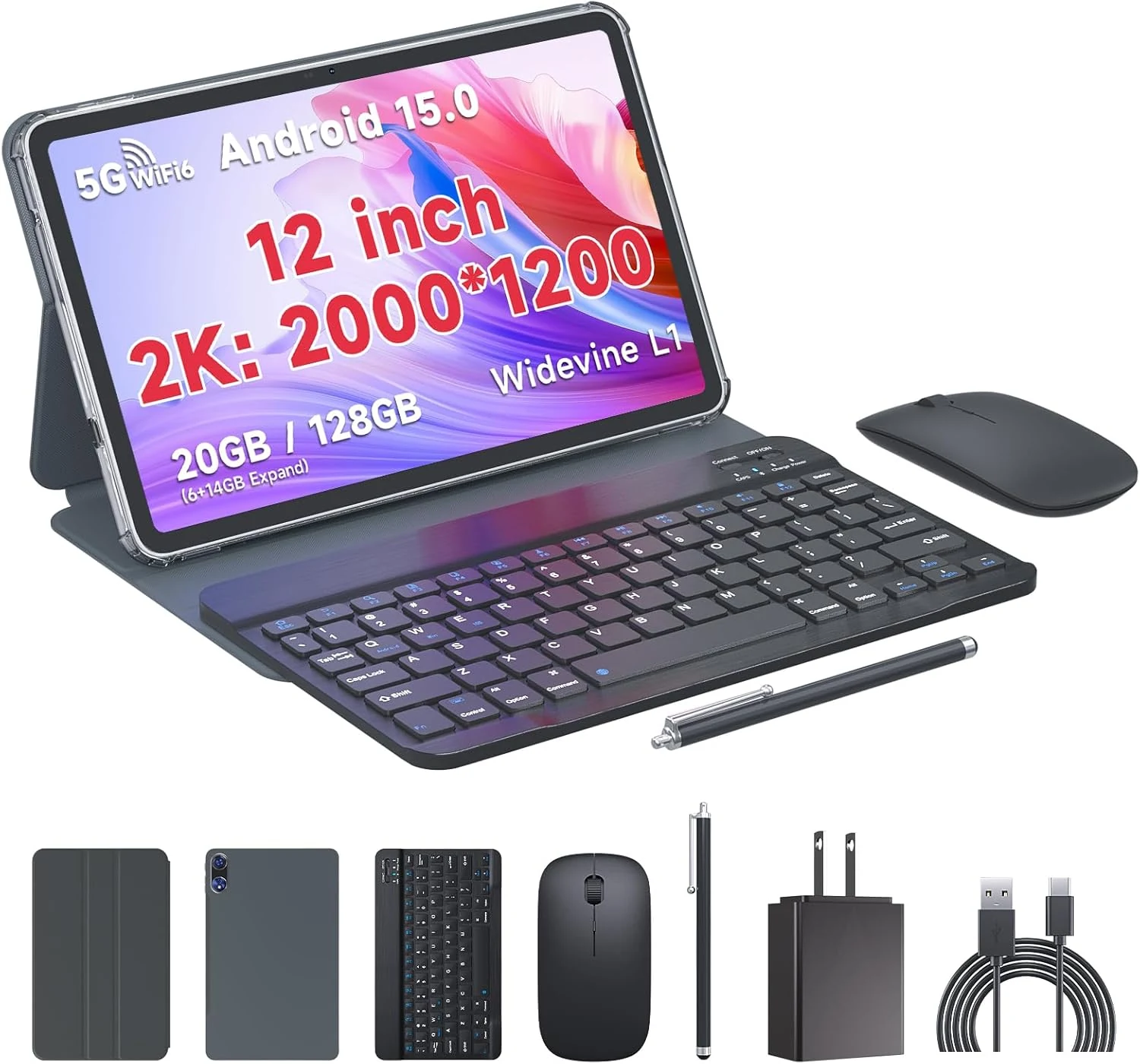 PEICHENG Tablet 12" Android15.0, Tab Set with Case/Keyboard/Mouse/Stylus, Octa-core RAM 20GB(6GB+14GB Expand)+ROM 128GB IPS 2000x1200 Screen 5MP+13MP Dural Cameras, 8000mAh Battery (T30 MAX)
