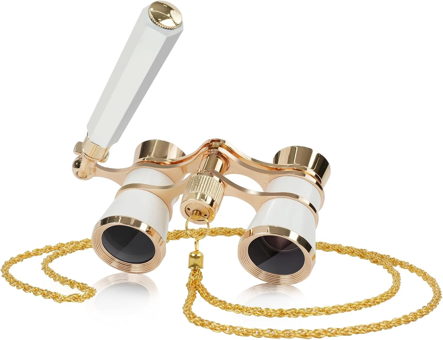 BOSTRON 3X25 Theater Glasses Binoculars Compact with Adjustable Handle & Chain (White-Gold)