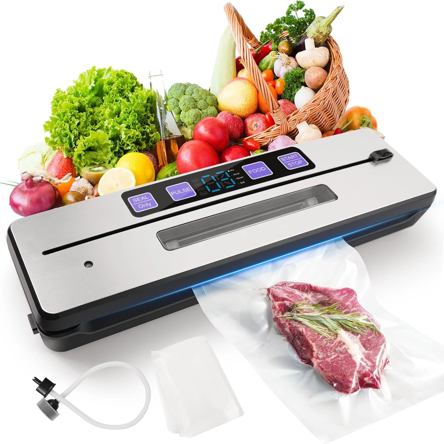 Yealinn Vacuum Sealer for Food Saver, 7 Vacuum Modes with Build-in Cutter & Digital Countdown Timer, External Suction Nozzle