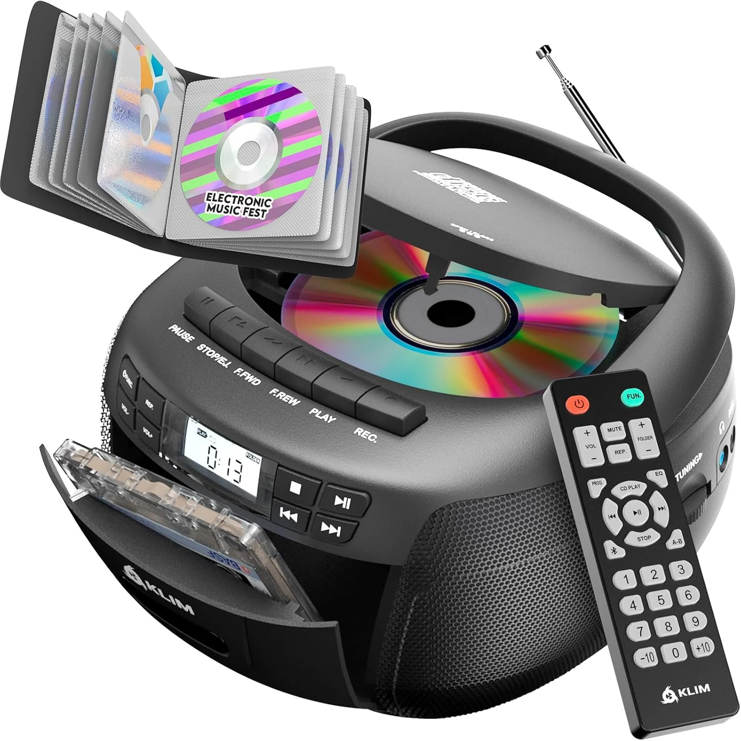 KLIM CD Player & Cassette Tape Player with Case, Bluetooth Boombox, AM/FM Radio