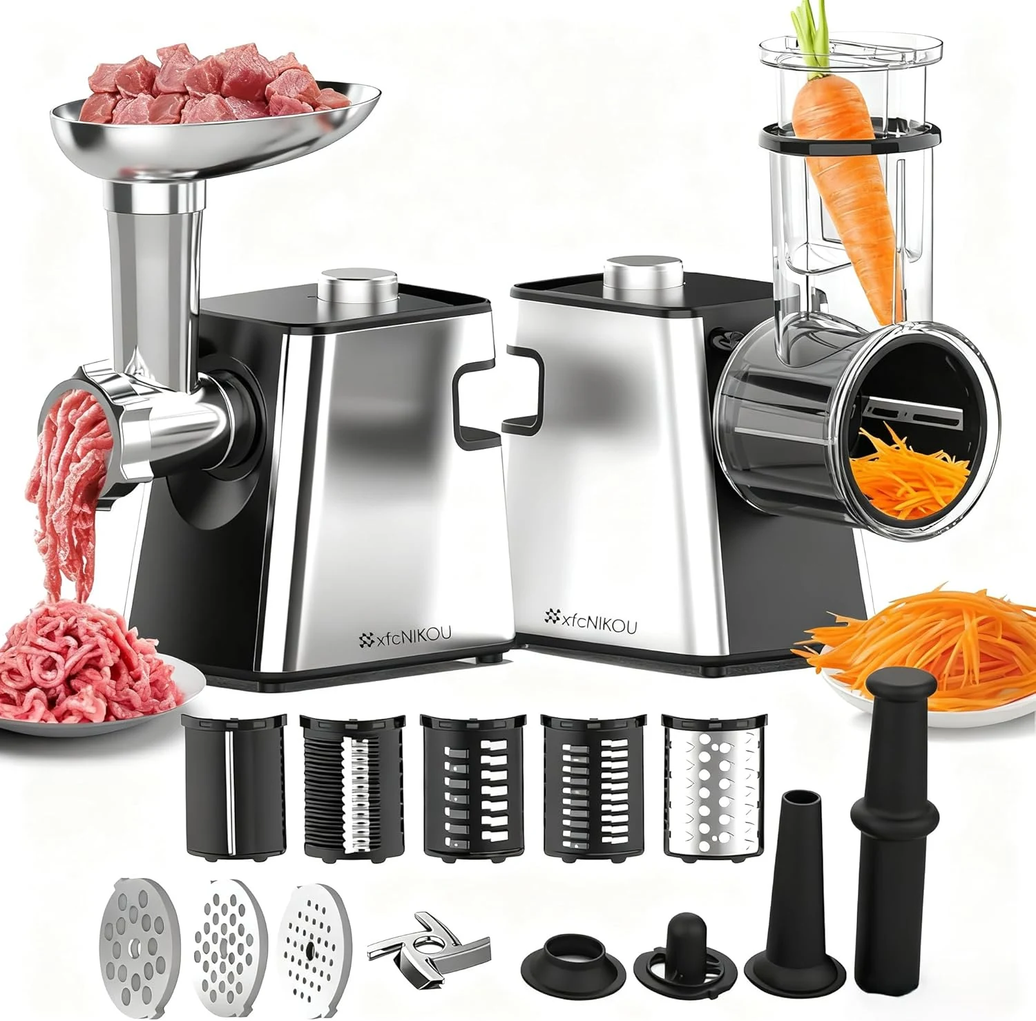 Electric Meat Grinder, Cheese Grater, 2800W Max Stainless Steel Veggie Shredder, 5-in-1 Slicer, Grinder Plates, Sausage Stuffer & Kubbe Kit (MG-S19)