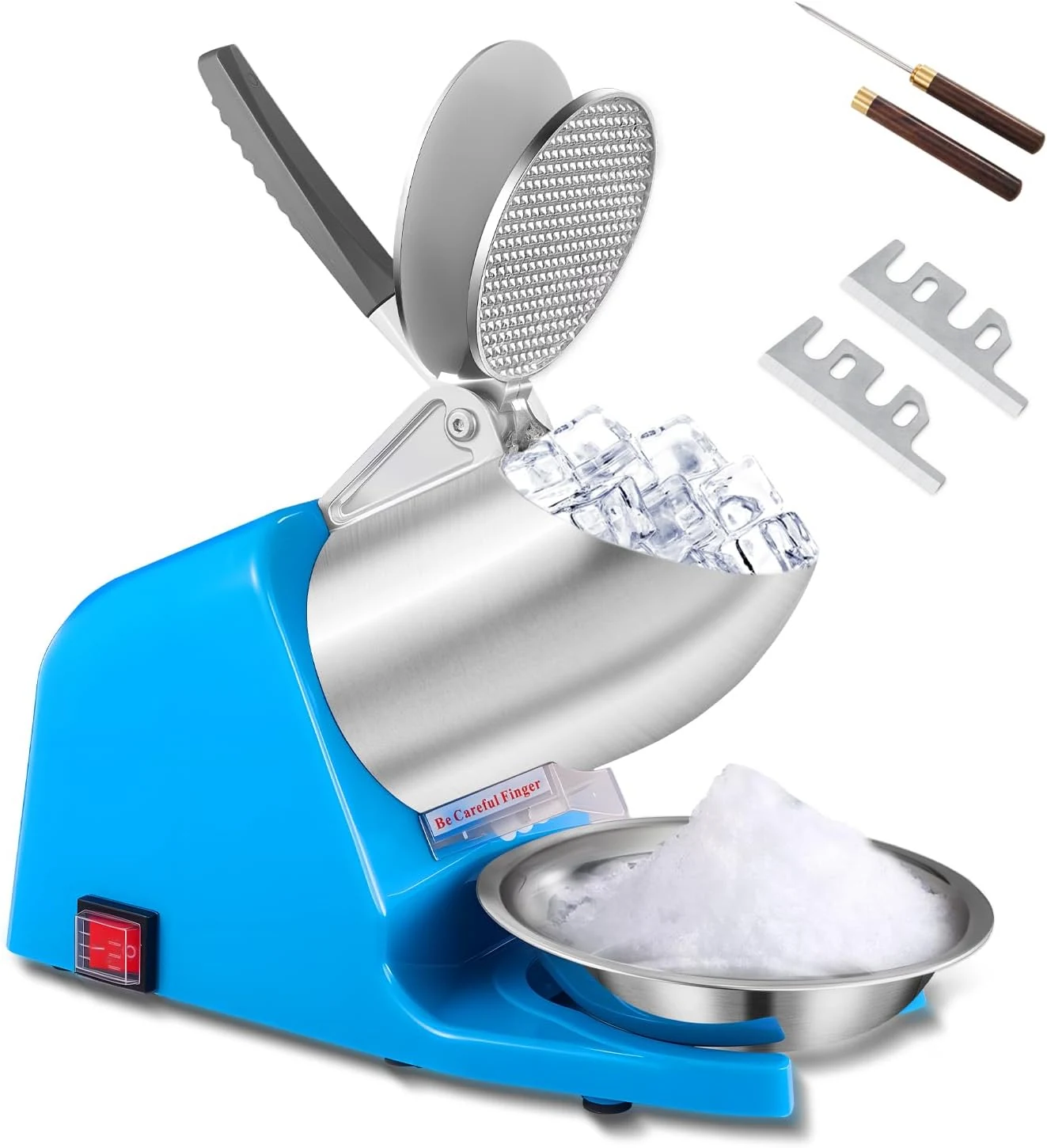300W 178 lbs/hr ETL-Listed Dual Blade Electric Ice Shaver Machine with Ice Pick, Ice Crusher for Home Use and Commercial, Shaved Ice Machine, Ice Grinder, Blue