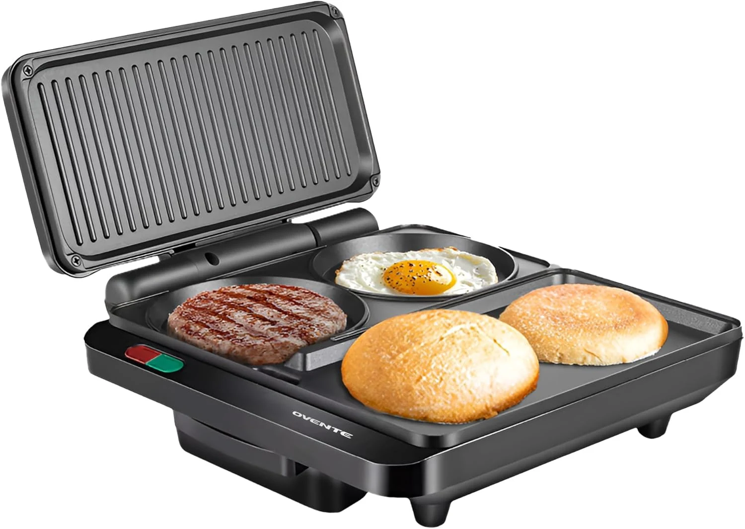 OVENTE Sandwich Maker and Hamburger Grill Machine with Non-Stick Griddle and Griller Plate, Black HMG111B
