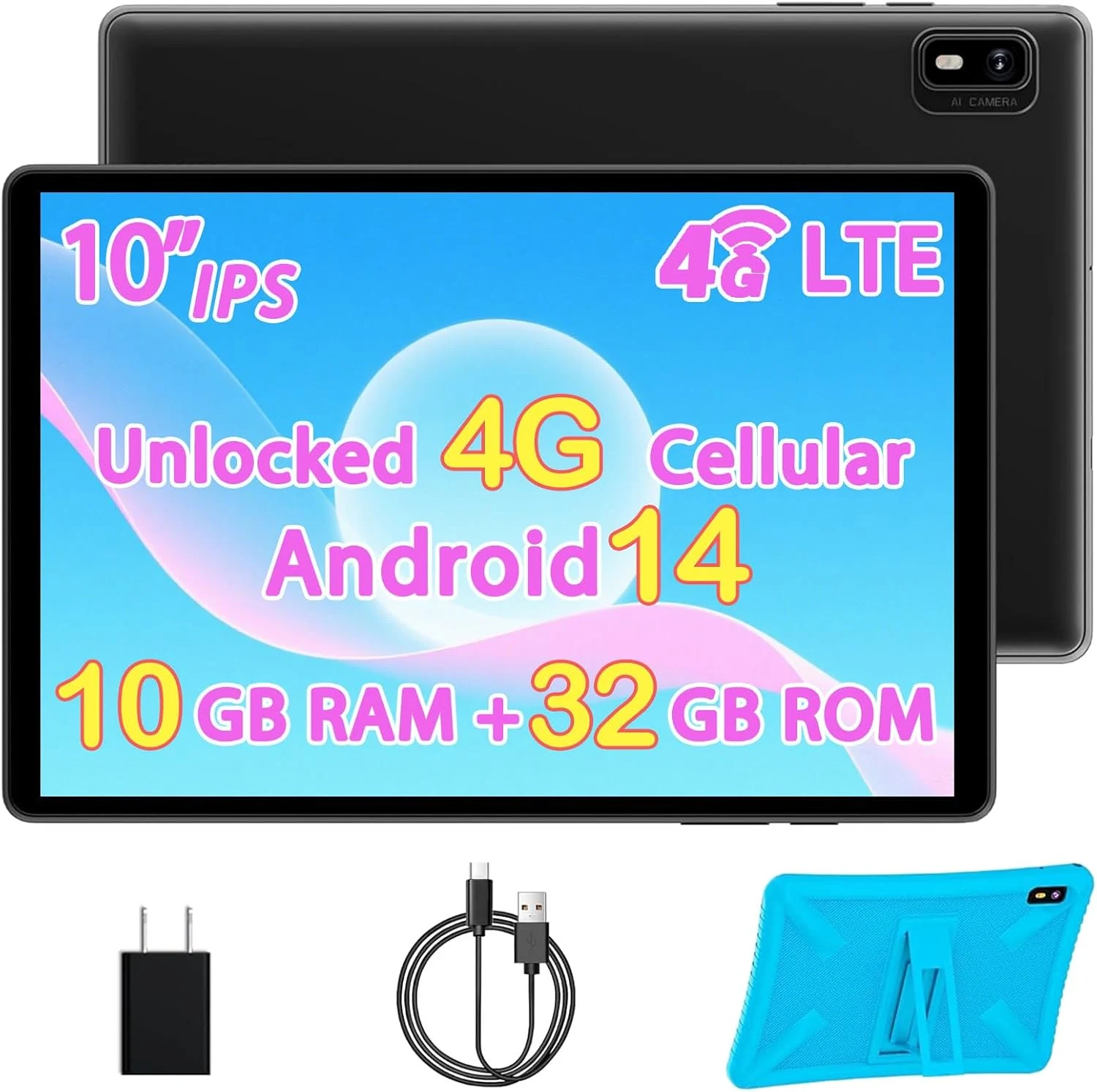 Topsand 10 Inch Tablet Android 14 Tablet with Sim Card Slot Unlocked, 10GB RAM, 32GB ROM, 1TB Expandable, 8MP Camera, GPS, Rugged Case (Blue)
