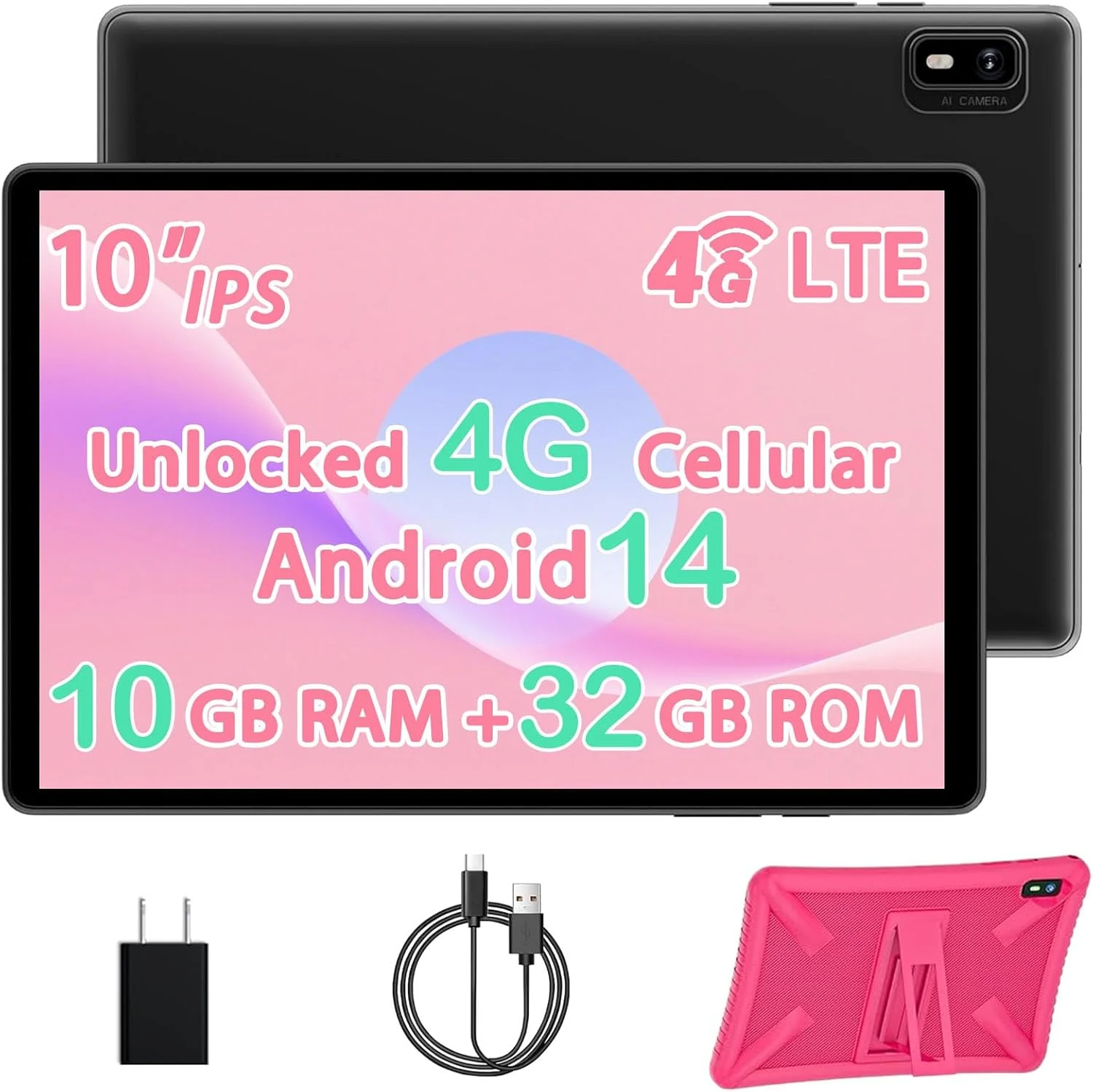 Topsand 10 Inch Tablet Android 14 Tablet with Sim Card Slot (Pink)