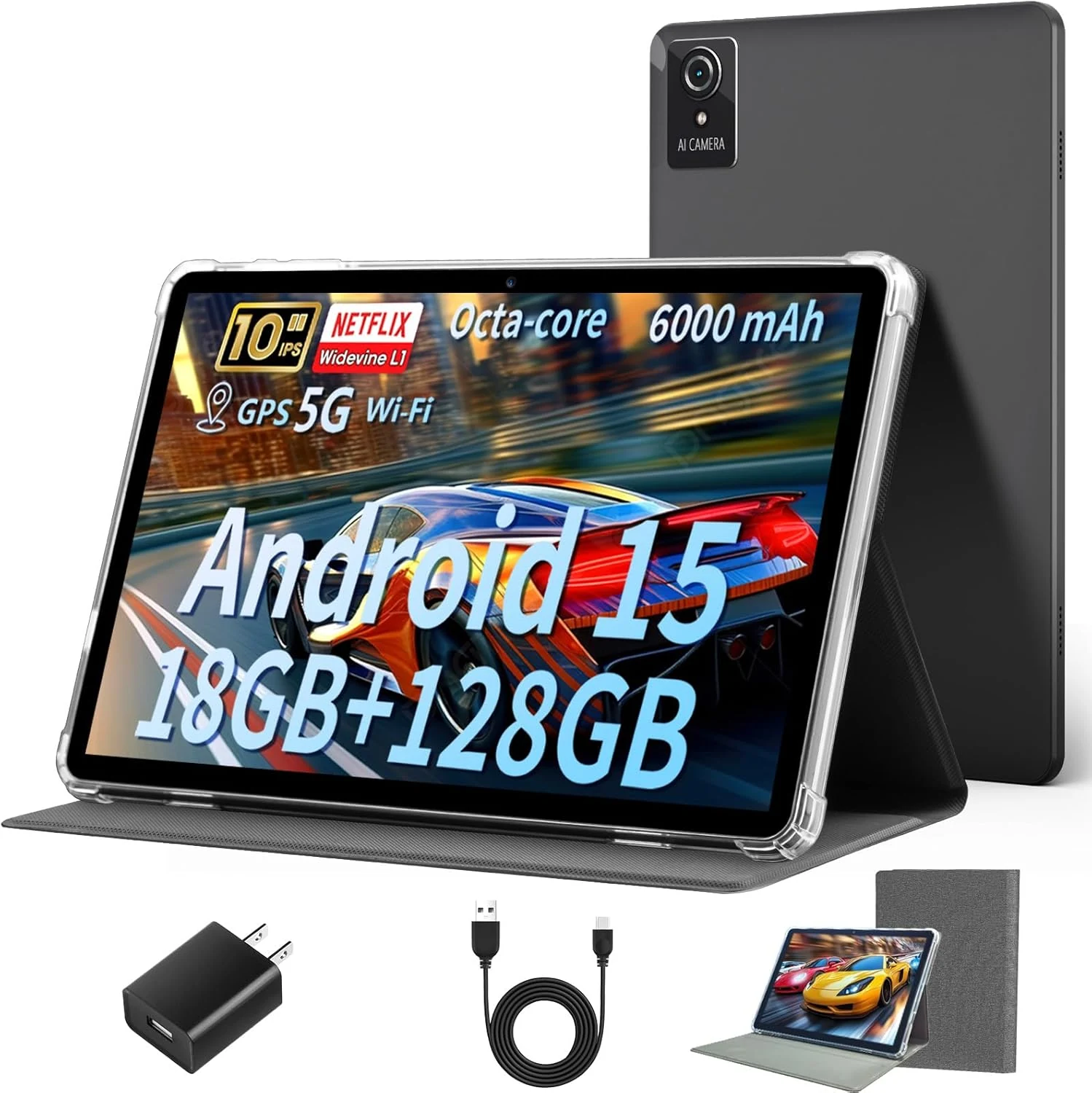 Tablet 10 Inch, 2025 Android 15 Tablets, 18GB+128GB, 1TB Expand, Widevine L1 Compatible Octa-Core Tablet with WiFi 6, 6000mAh Battery, Dual Camera(5MP+8MP)