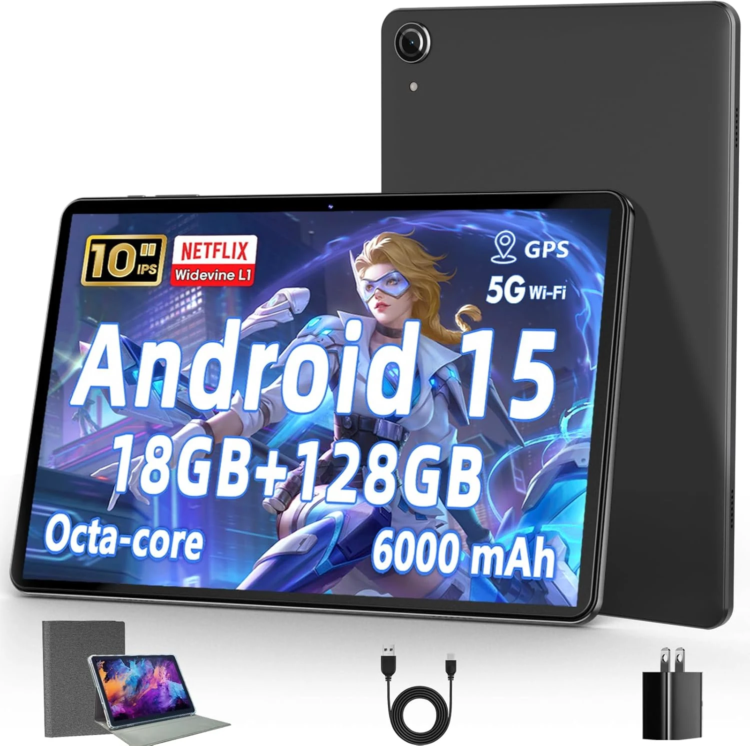 10 Inch Tablet, Android 15 Tablets with 18GB RAM+128GB ROM(Expand to 1TB), Octa Core 1280 * 800 IPS HD Display, 6000mAh Battery, Dual 5MP+8MP Camera, 5G/2.4G WiFi