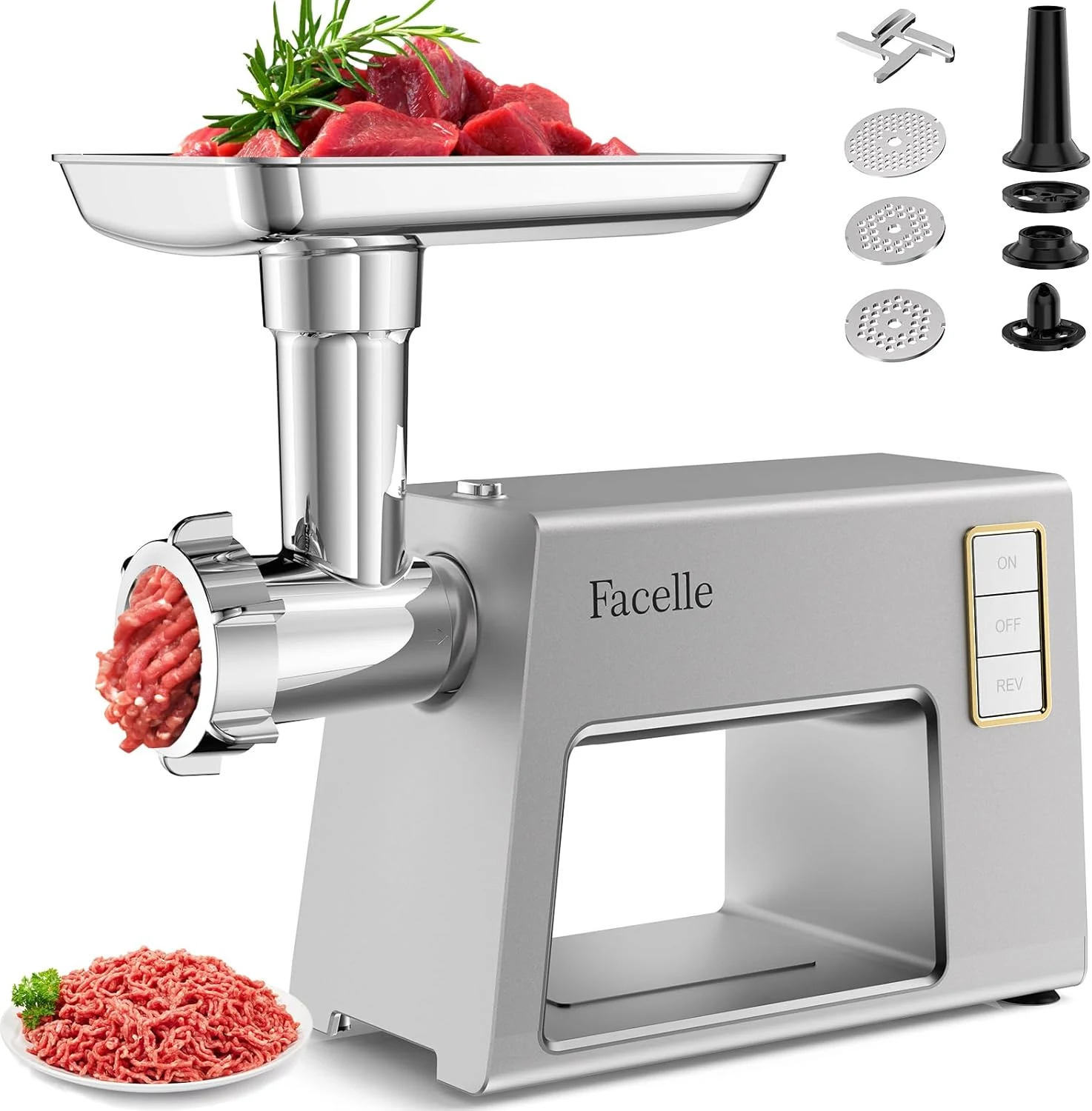 Facelle Electric Meat Grinder for Home Use #5, Powerful Motor 2000W Max (300W rated), SUS Blades & 3/5/7mm Grinding Plates,Sausage Stuffer & Kubbe Kit, Food Grinder for Burgers, Kibbeh, Beef Sticks
