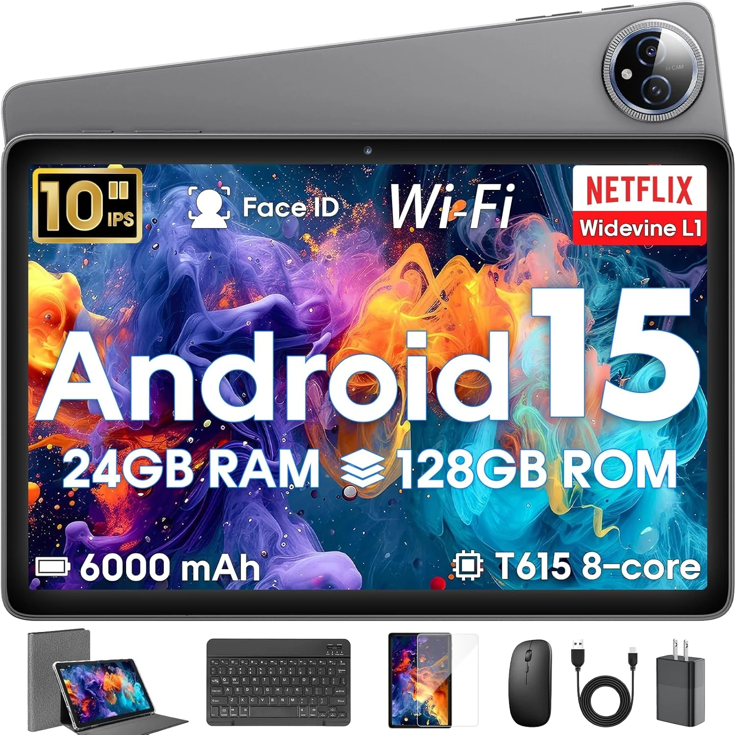 Hasskya Android 15 Tablet 10 inch (24GB RAM, 128GB Storage) with Keyboard, Mouse, and Stylus