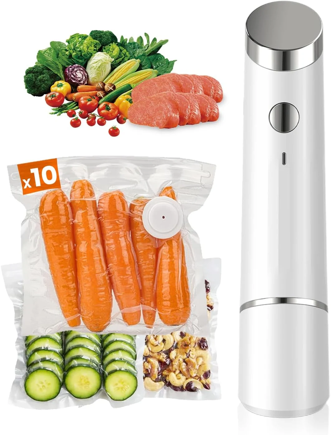 Portable Vacuum Sealer for Food, 10 Reusable Sealer Bags with 60kPa Powerful Handheld Vacuum Sealer Machine