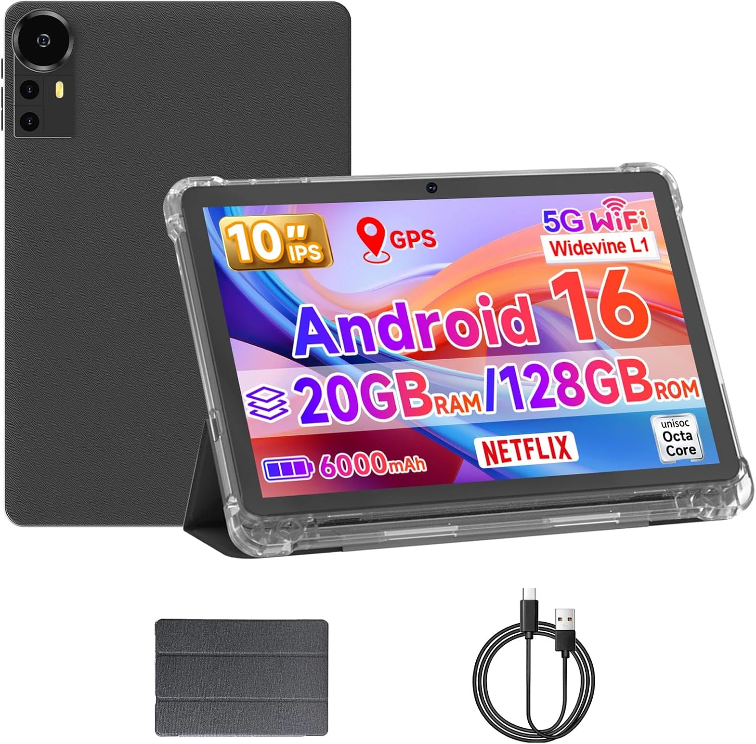 10 Inch Tablet Android 16 Tablets with Case 4+16GB RAM+128GB ROM, 6000mah Battery 10 in Android Tableta, 2MP+8MP Dual Camera 10.1'' IPS HD Touch Screen Tab (Black)