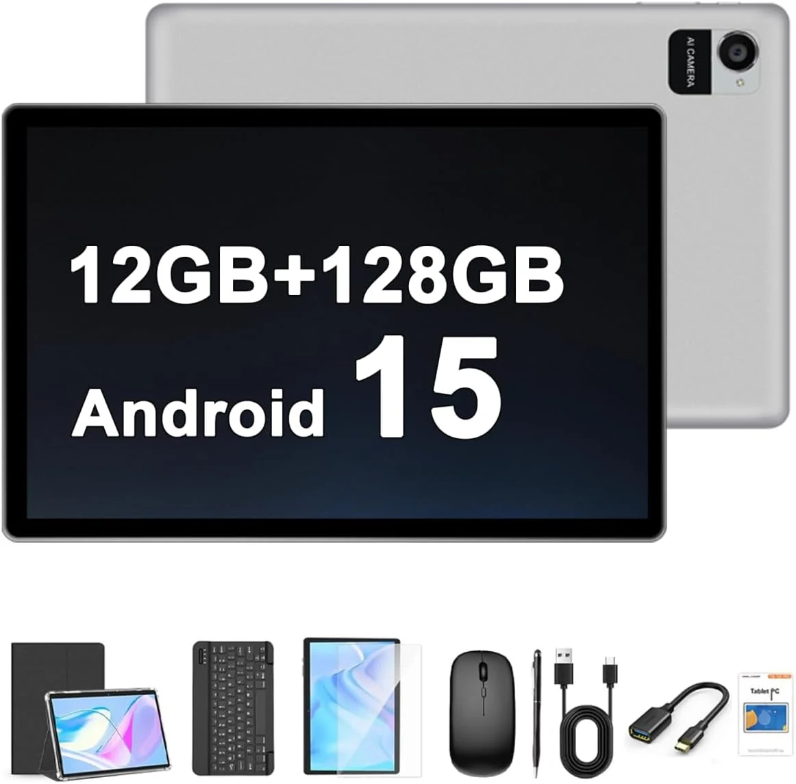 Crelander 10.1 Inch Android 15 Tablet, 12GB+128GB Android Tablet, 5000mAh Battery, 1280x800 Touchscreen (Gray)