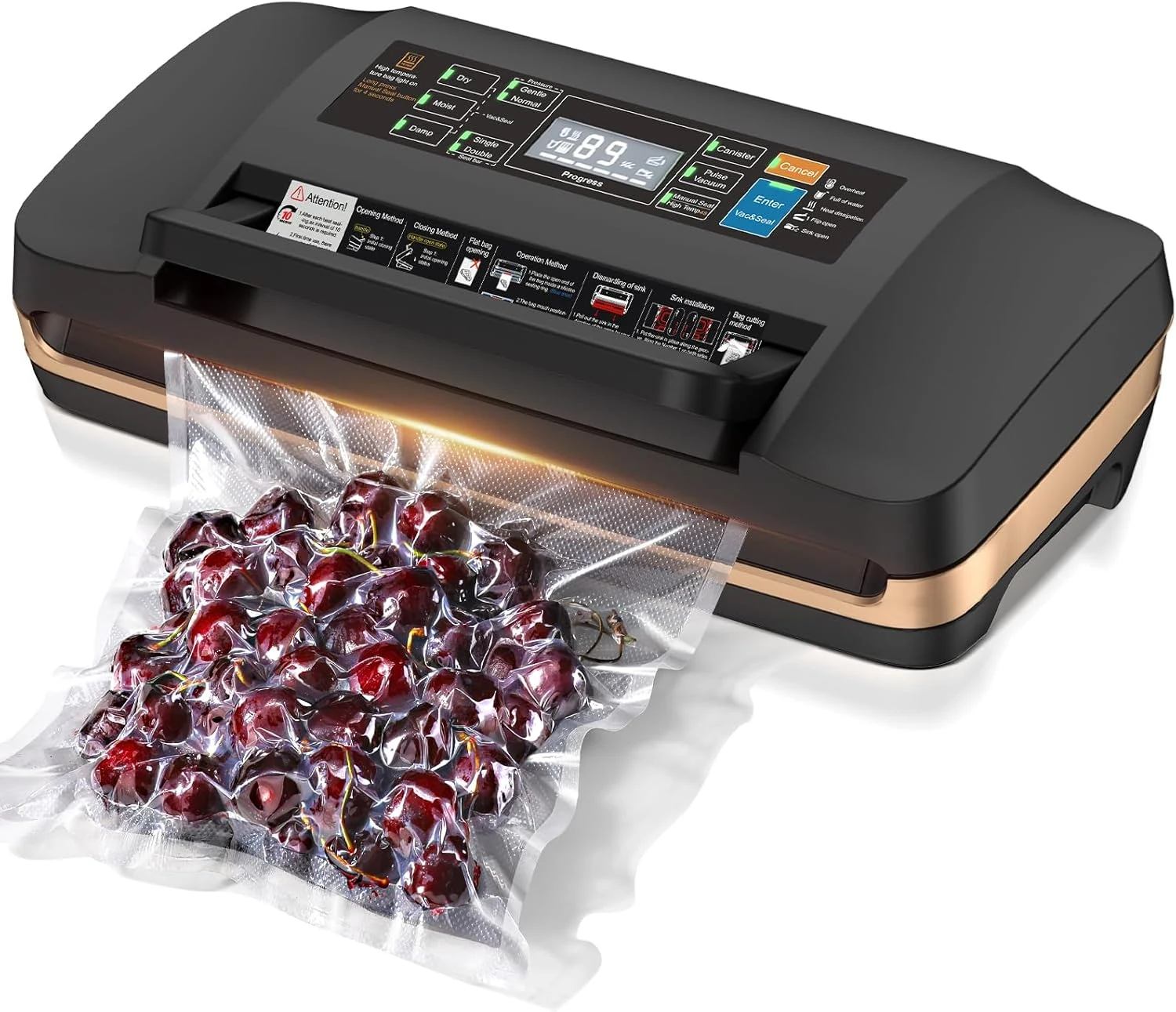 95kpa Vacuum Sealer Machine,Commercial Full Automatic Food Sealer,Powerful Sealing System with Double Heat Seal,Bags Storage, Easy-Lock Handle,Build-in Cutter,1 Bag Rolls and 10 pcs Pre-cut Bags