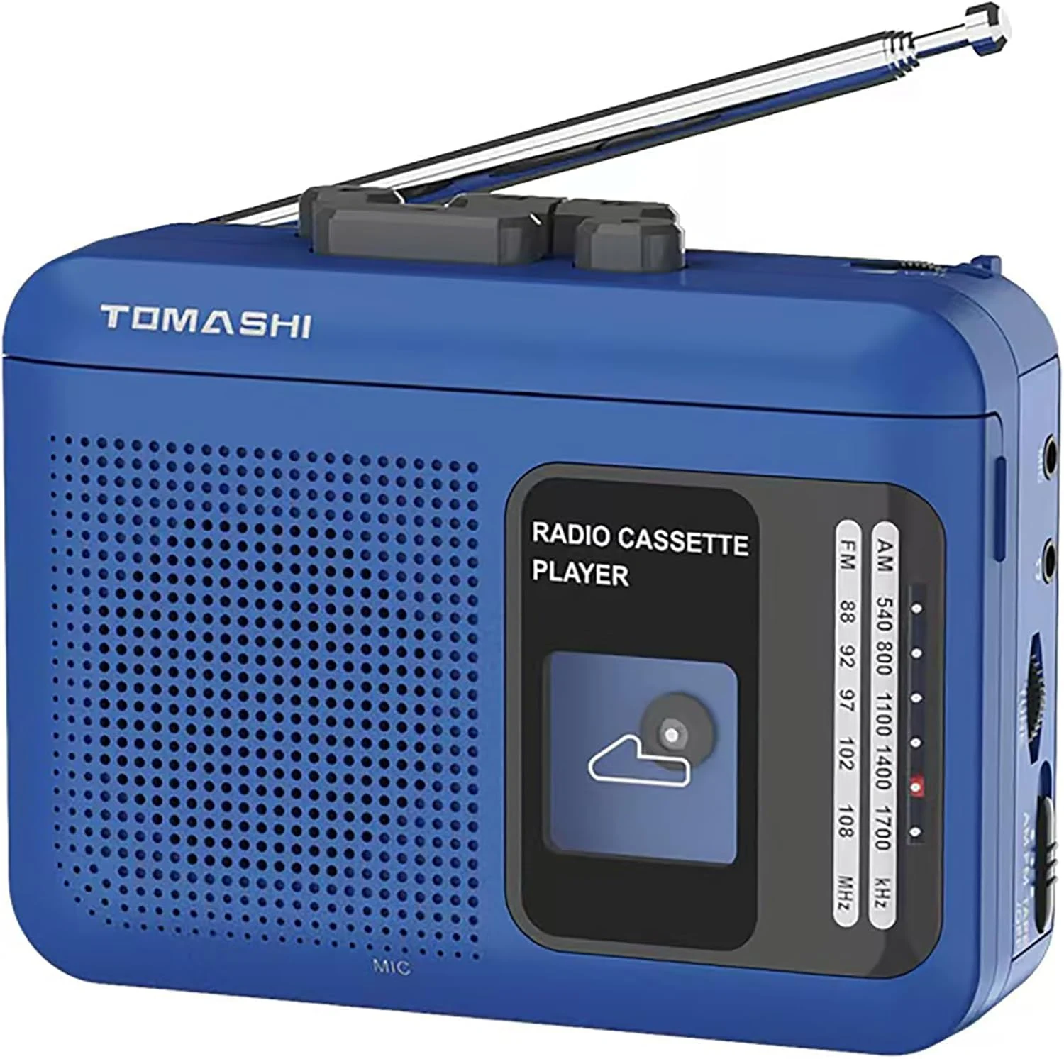 Portable Cassette Tape Player Recorder with AM/FM Radio, Built-in Speaker & Microphone, 3.5mm Headphone Jack, Walkman Style, USB/Battery Powered, Retro Blue