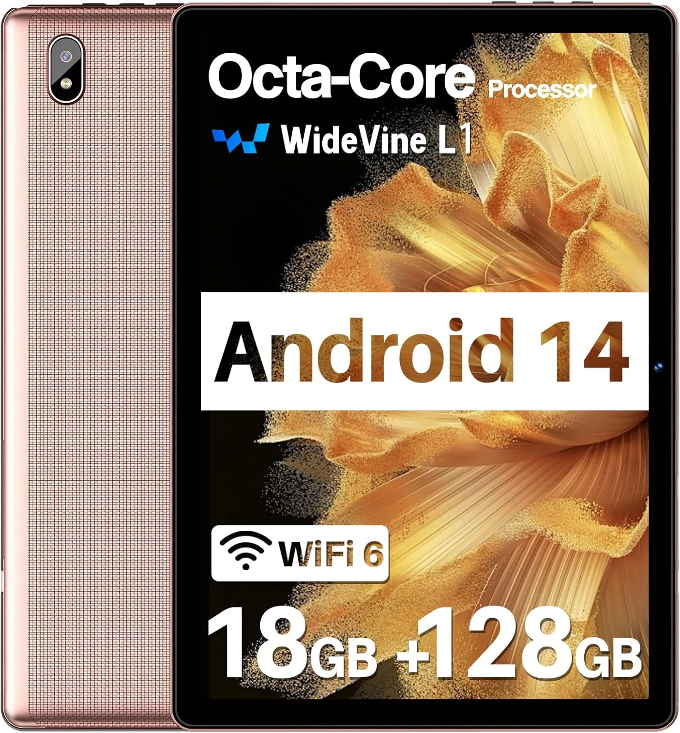 DMOAO Tablet, 10.1 Inch Tablets, Android 14 Tablet with 18GB RAM+128GB ROM/ 1TB Expand, Octa-Core 1.8GHz CPU, 6000mAh Battery, 5G WiFi, WiFi 6, BT5.0, Widevine L1 HD IPS Tableta PC-Rose Gold
