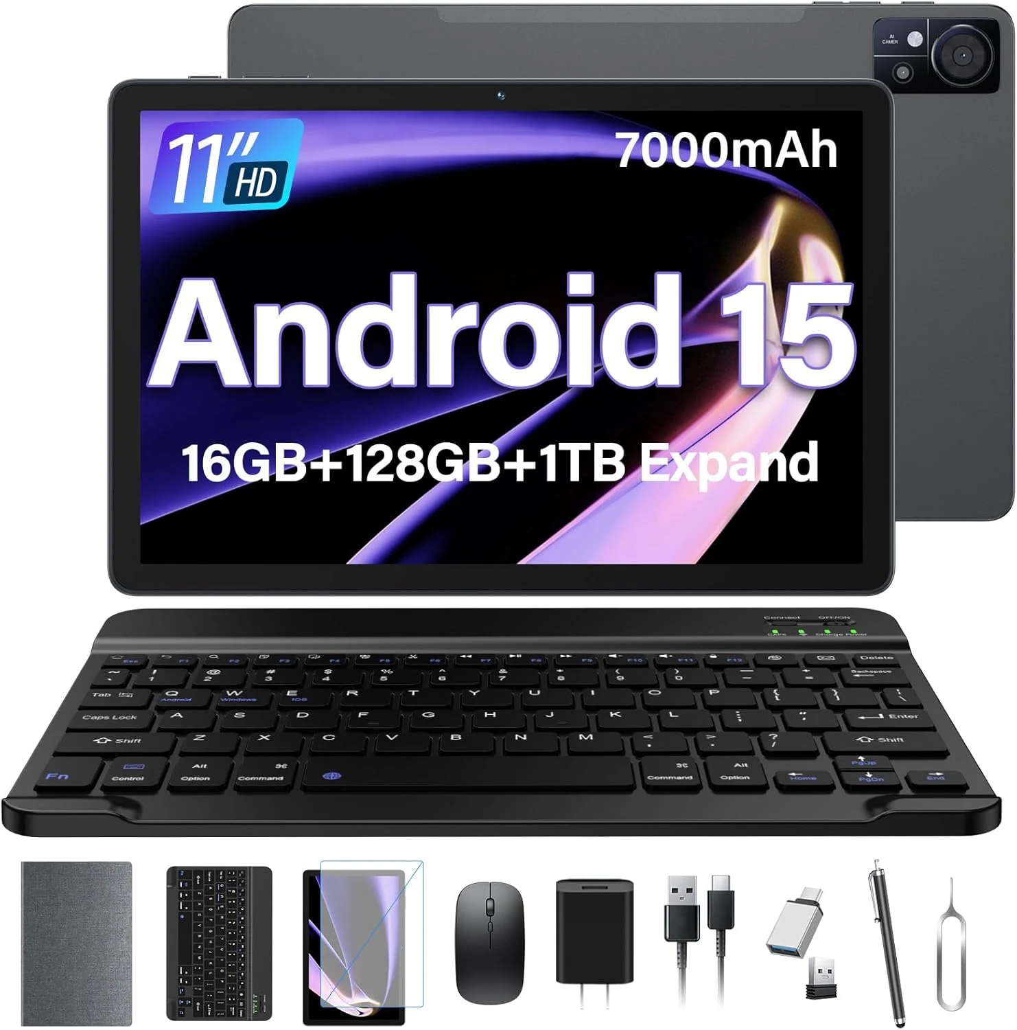 ANTEMPER 11 Inch Android 15 Tablet (16GB RAM, 128GB ROM, 5G WiFi + Cellular) with Keyboard, Mouse, Case