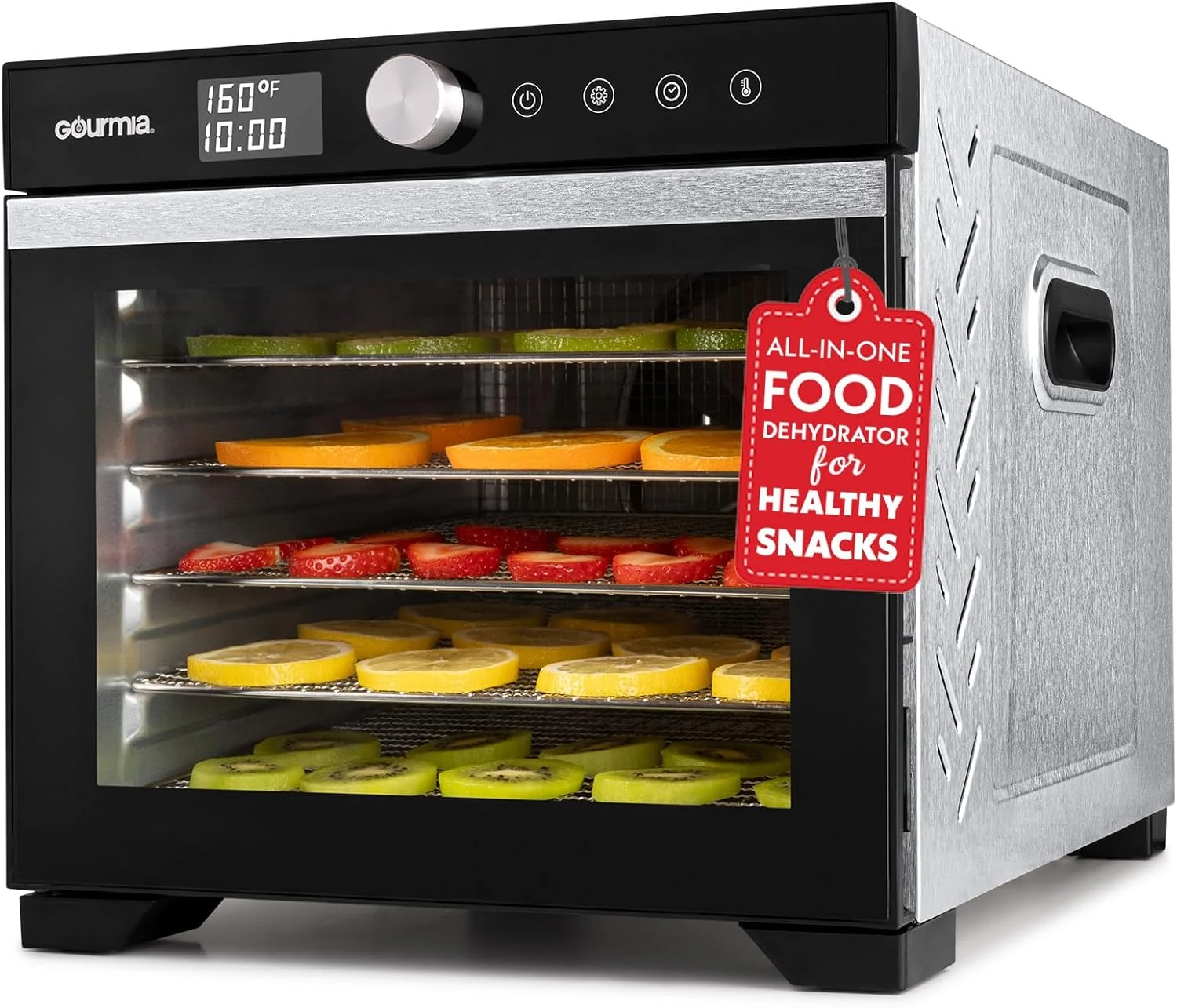 Gourmia Digital Food Dehydrator – 6 Stainless Steel Trays, 360° Airflow, One-Touch Presets