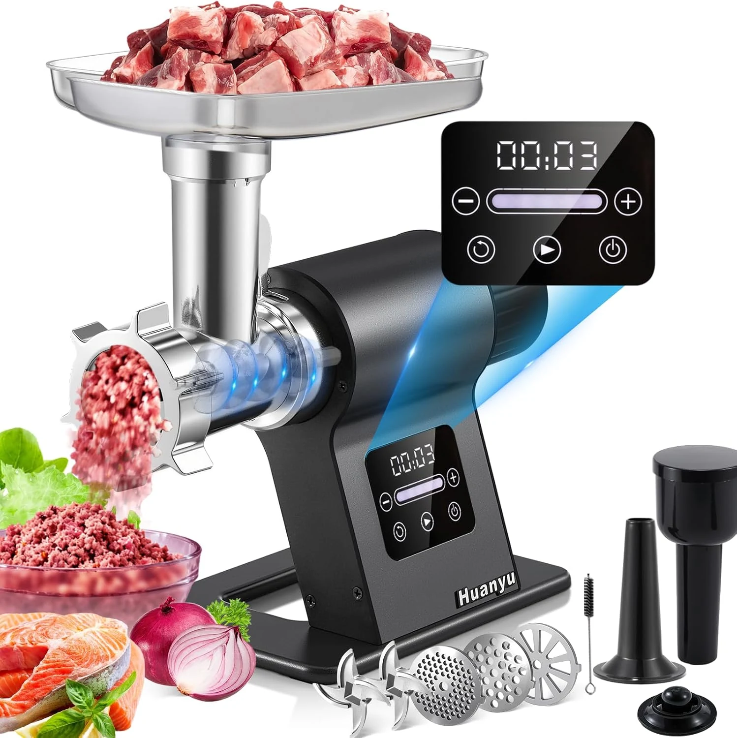 Huanyu 2000W Heavy Duty Electric Meat Grinder for Bone and Game Meat, 5-Speed Touchscreen with Auto Reverse, #10 Outlet