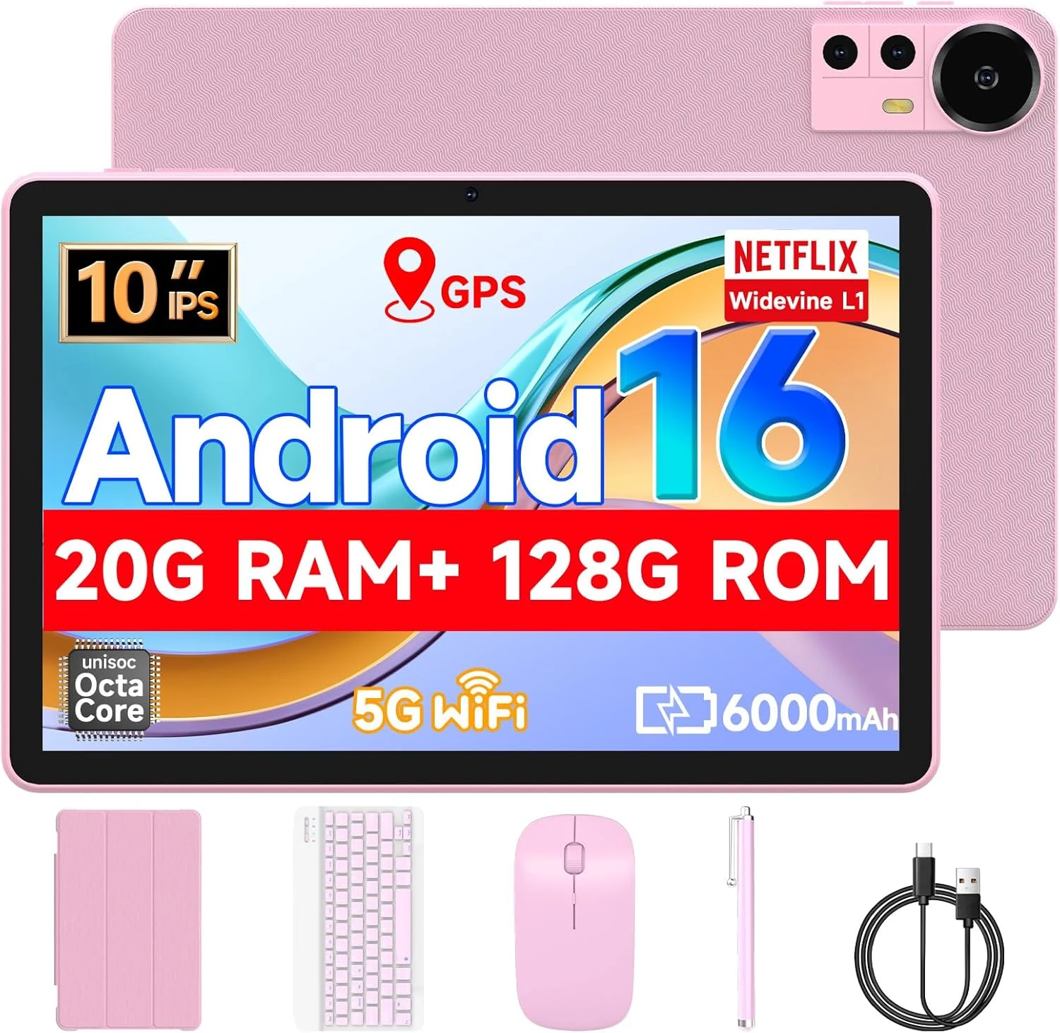 Tablet 10.1Inch Android 16.0, RAM 20GB(4+16Expand)+ROM 128GB, 6000mAh Battery, 2+8MP Dual Camera, 1280 * 800 IPS HD Touch Screen Tab PC Set with Keyboard+Mouse+Protective Case+Stylus (Pink)