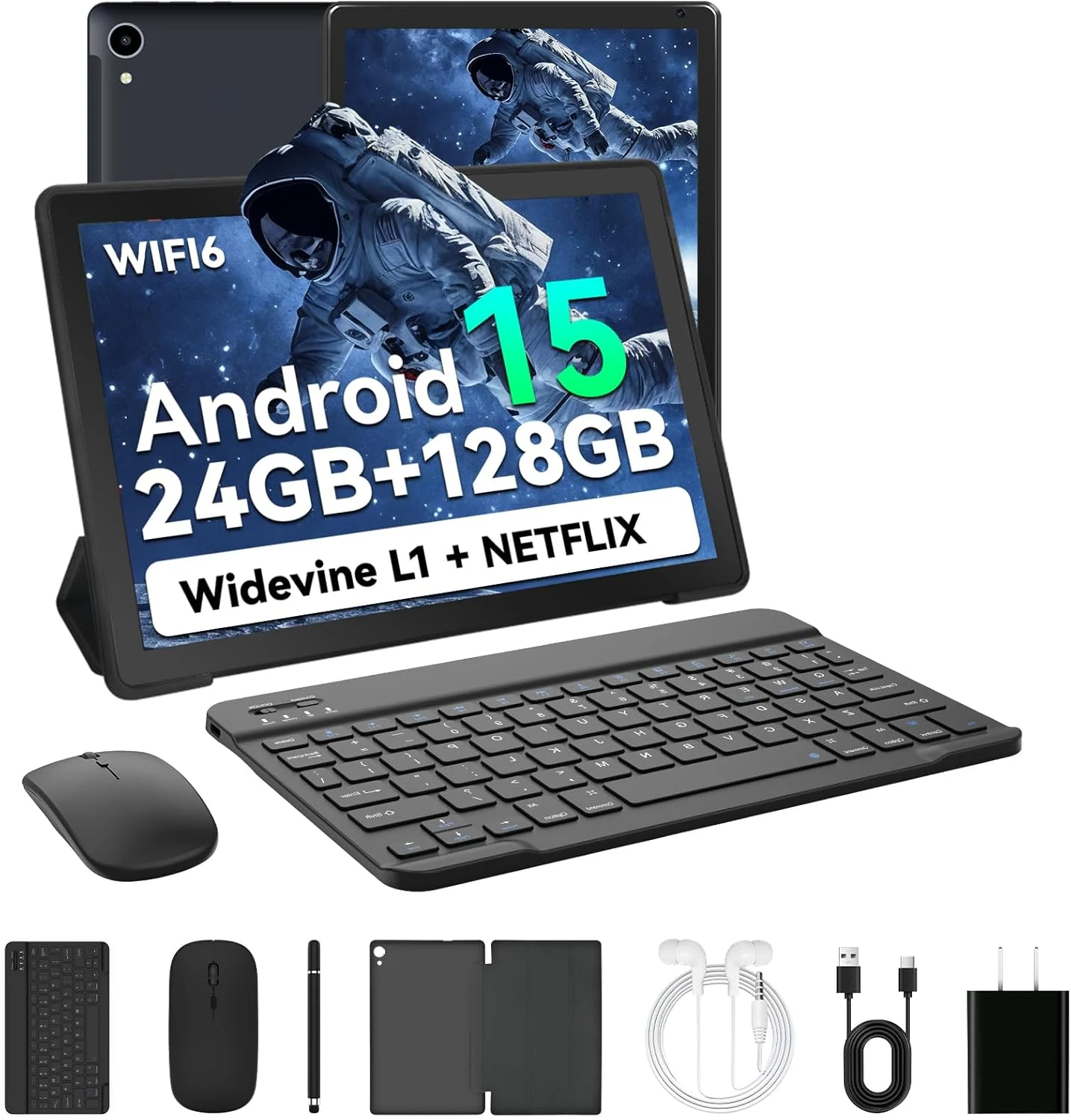 HiGrace 2025 Latest Upgraded Android 15 Tablet 10 Inch, 24GB+128GB+1TB Expand, WiFi 6 BT 5.4, Type-C Fast Charging, Dual Camera, Widevine L1 HD IPS Screen with Keyboard