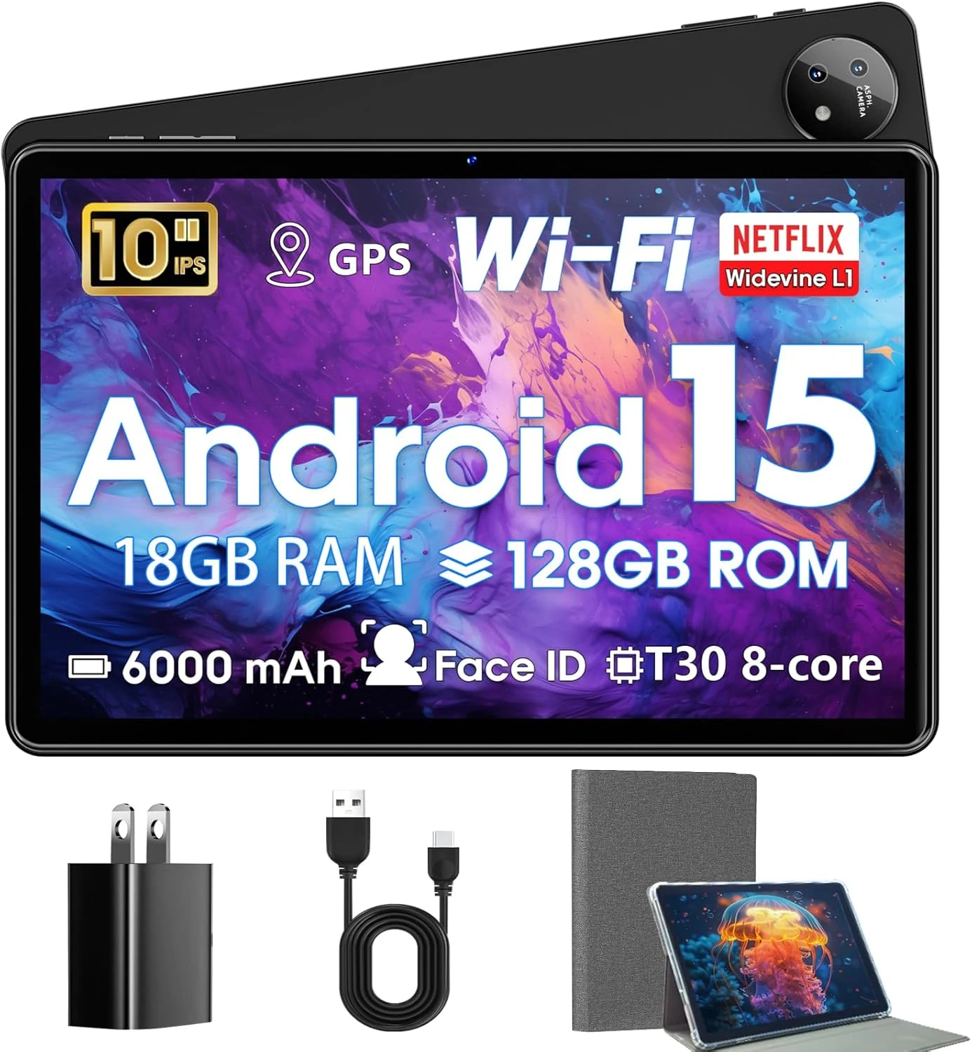 Hasskya 10-Inch Android 15 Tablet (18GB+128GB, 1TB Expand) with Case