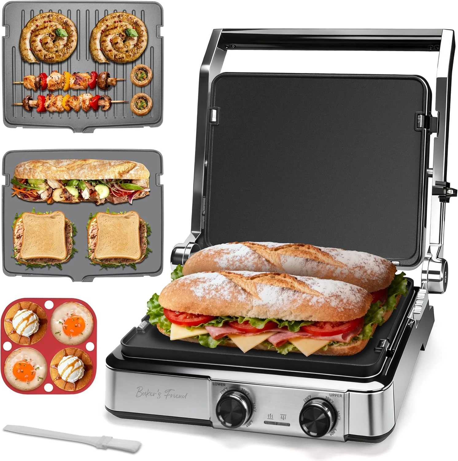 Baker's Friend 4-slice Panini Press Grill Cheese Sandwich Maker, Electric Grill Indoor with Temperature Setting, Opens 180 Degrees, Dual Non-stick Surfaces, 4-circle Silicone Mold, Reversible Plates