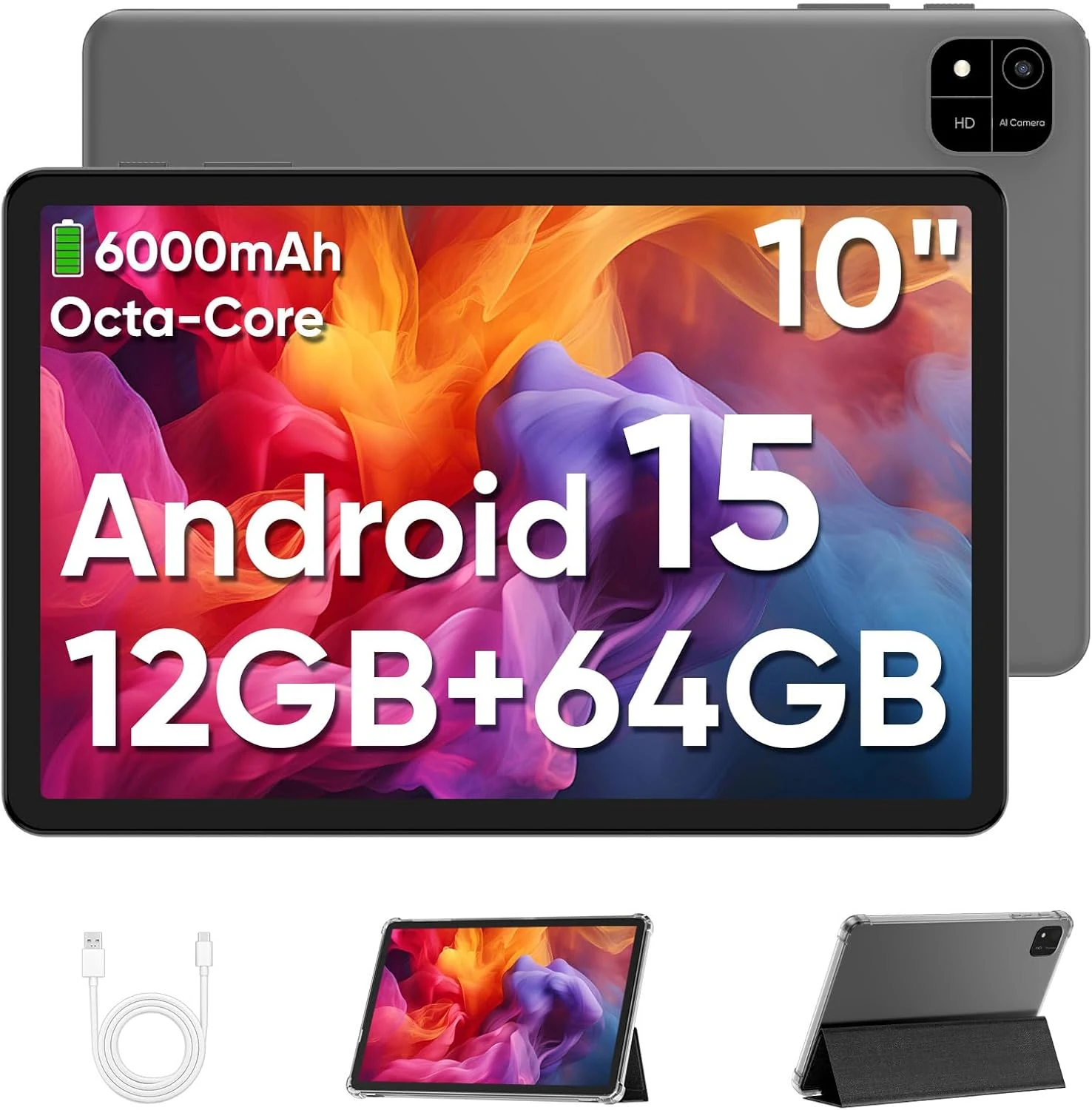 2025 Android 15 Tablet, 10.1" IPS HD Display, 12GB+64GB, 2TB Expandable, 6000mAh Battery, Octa-Core Unisoc T606, Dual Cam GPS WiFi