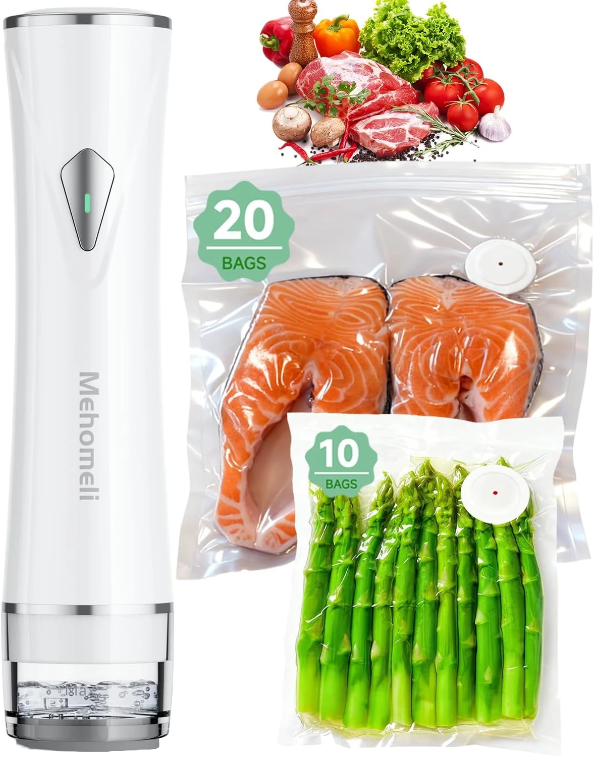 Mehomeli Compact Vacuum Sealer for Food (Vacuum Sealer Machine + 30 Reusable Vacuum Bags)