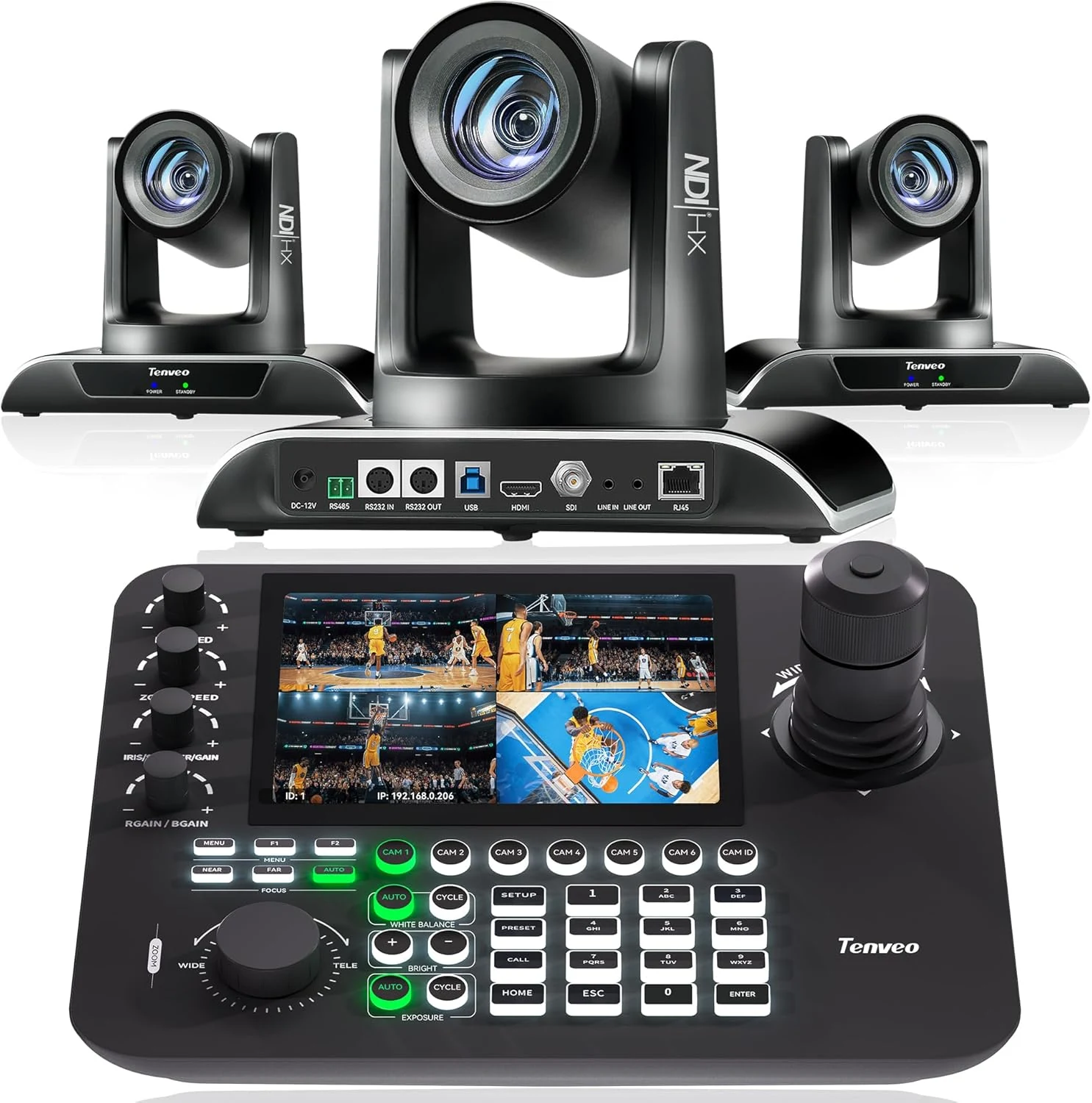 Tenveo NDI PTZ Camera AI Auto Tracking SDI/HDMI/USB3.0/LAN(PoE) 30X Optical+ and 7'' Quad-Screen Joystick Controller Bundle