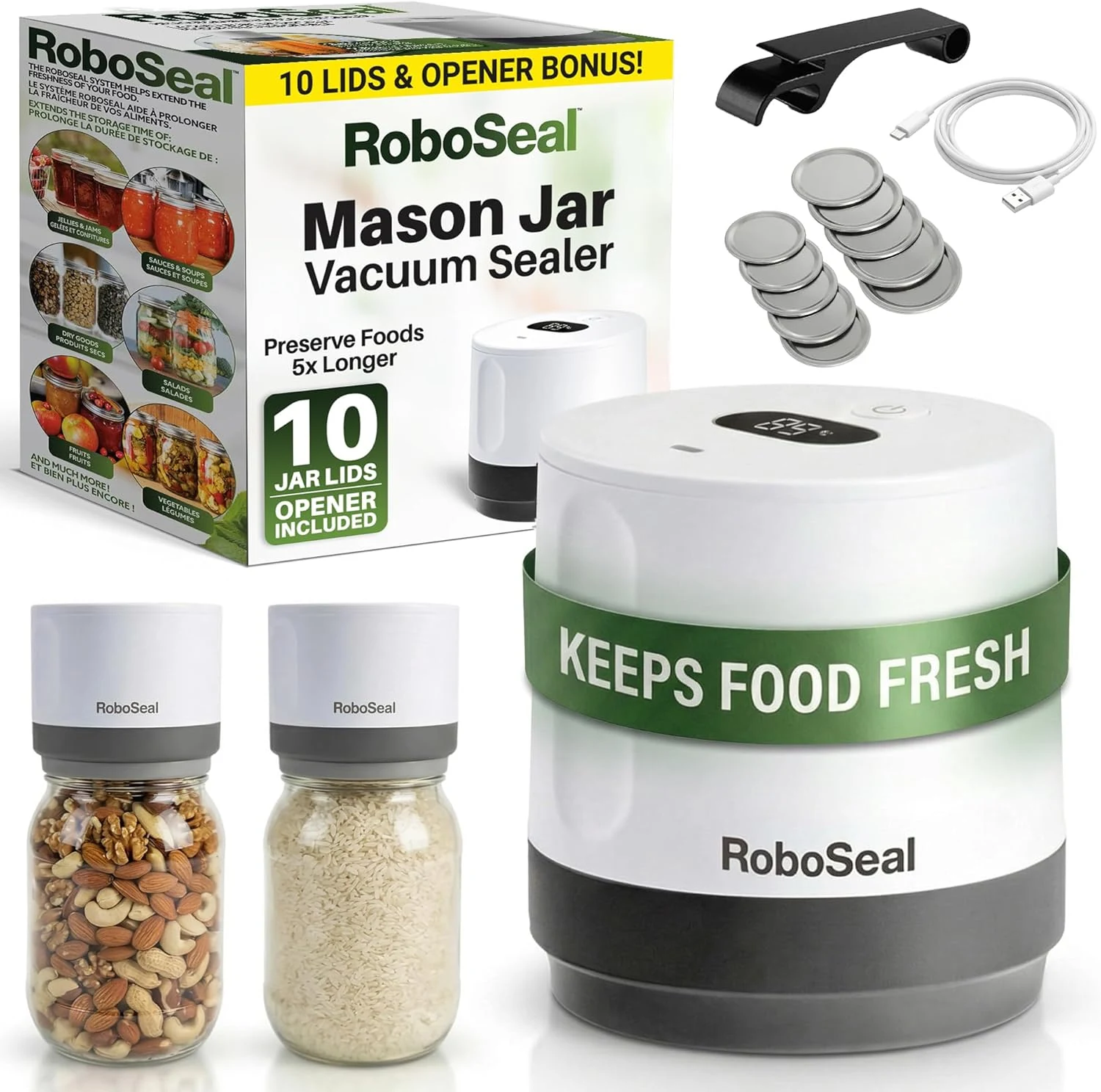 RoboSeal Electric Mason Jar Vacuum Sealer Kit with 10 Lids, Works on Wide & Regular Mouth for Canning Food