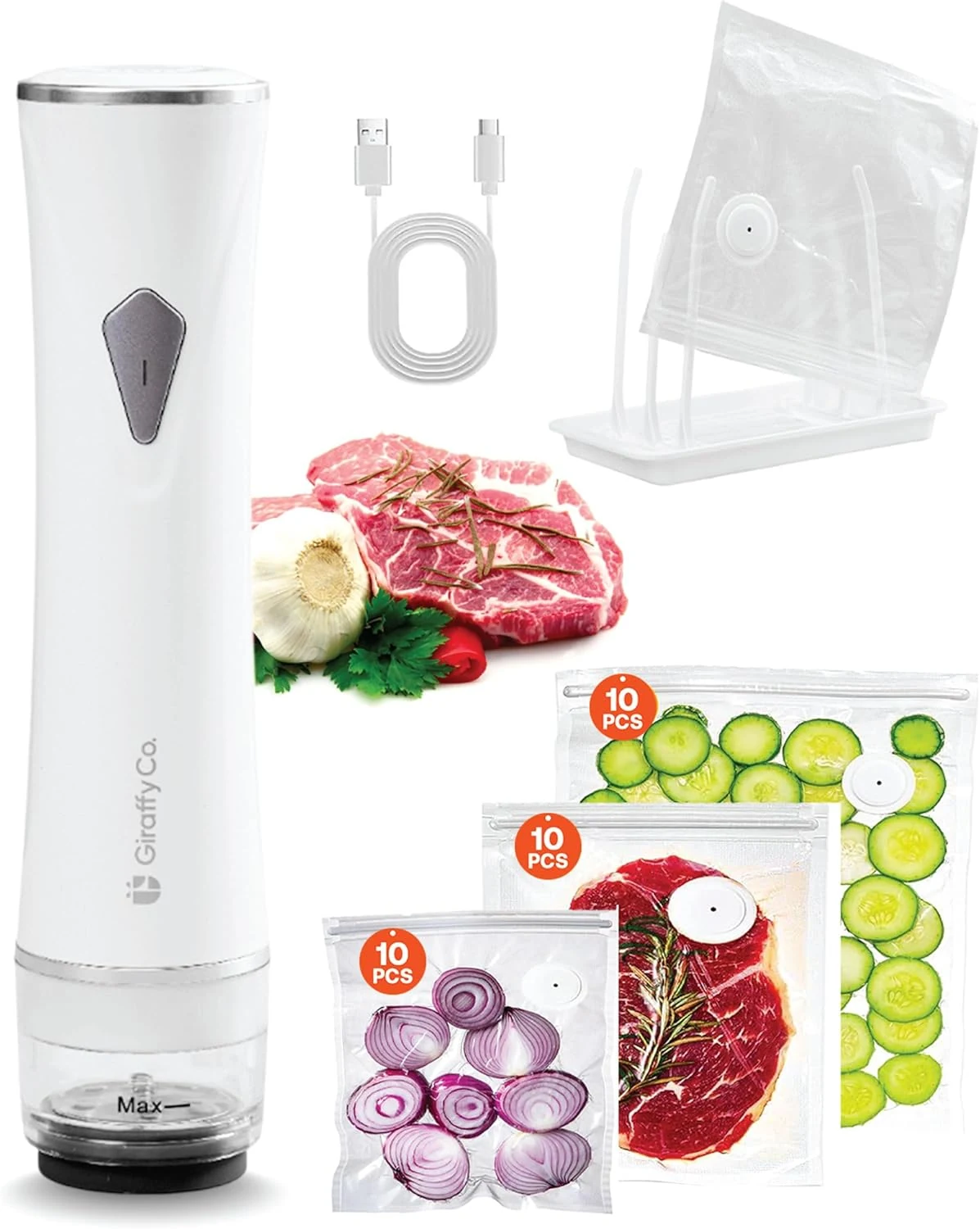 Vacuum Sealer Machine with Visible Water Tank, 30 Reusable Bags (S, M, L - 10 Each), Foldable Drying Rack, and Charging Cable