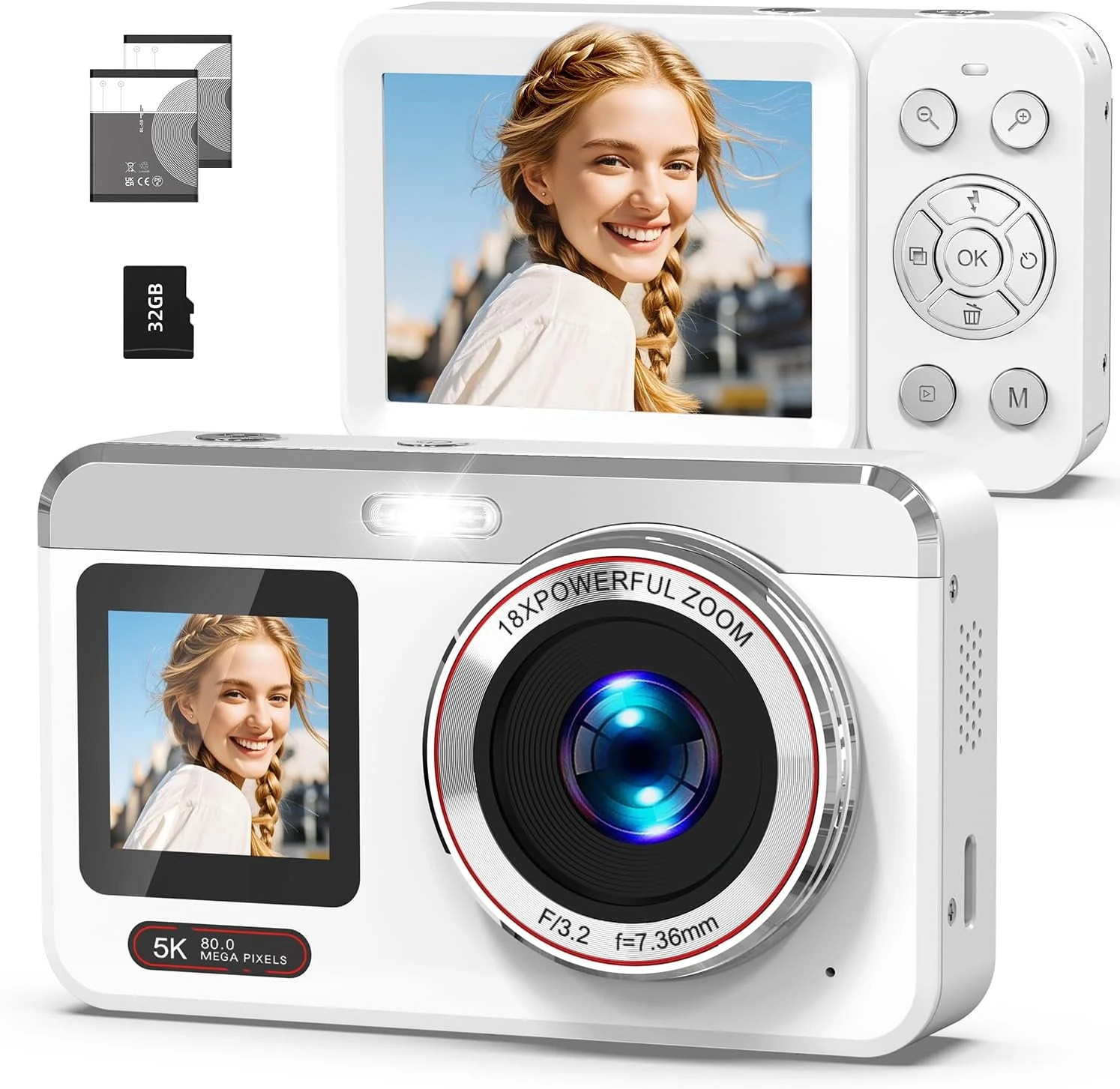 5K Digital Camera, 80MP Dual Screen Autofocus Vlogging Camera, 18X Zoom Point and Shoot Camera for Photography, Flash, 32GB Card, 2 Batteries, Compact Camera for Teens Adults (White)