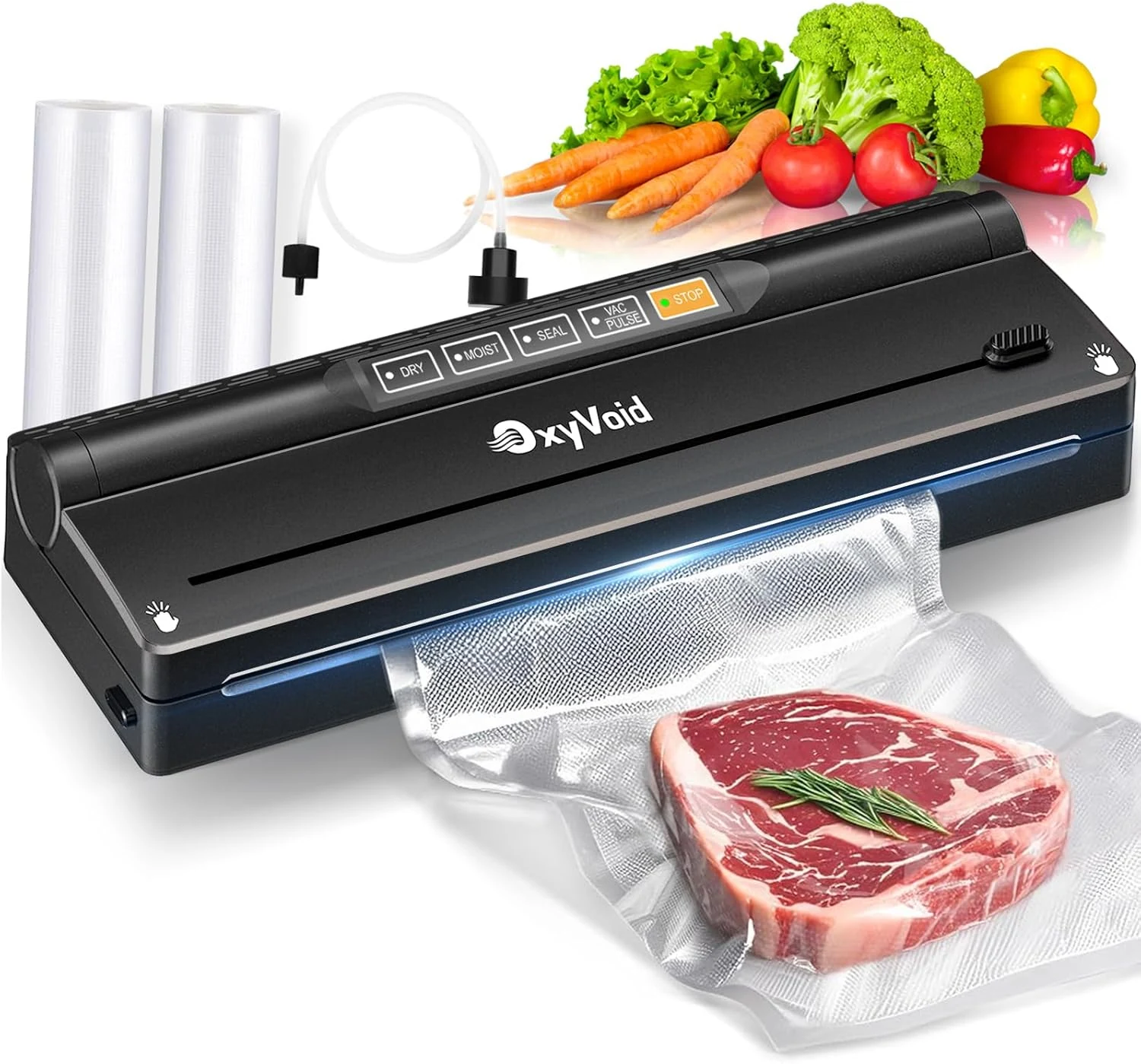 OXYVOID Precision Food Vacuum Sealer Machine (Automatic, Built-in Cutter & Hose, 2 Bags Rolls)