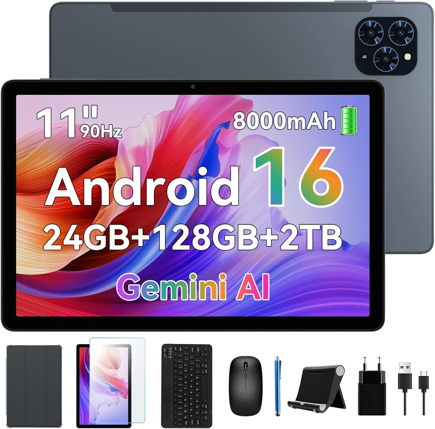 KINGRID T90 11 inch Android 16 Tablet with Gemini AI, 8000mAh, 24GB RAM (128GB + microSD)