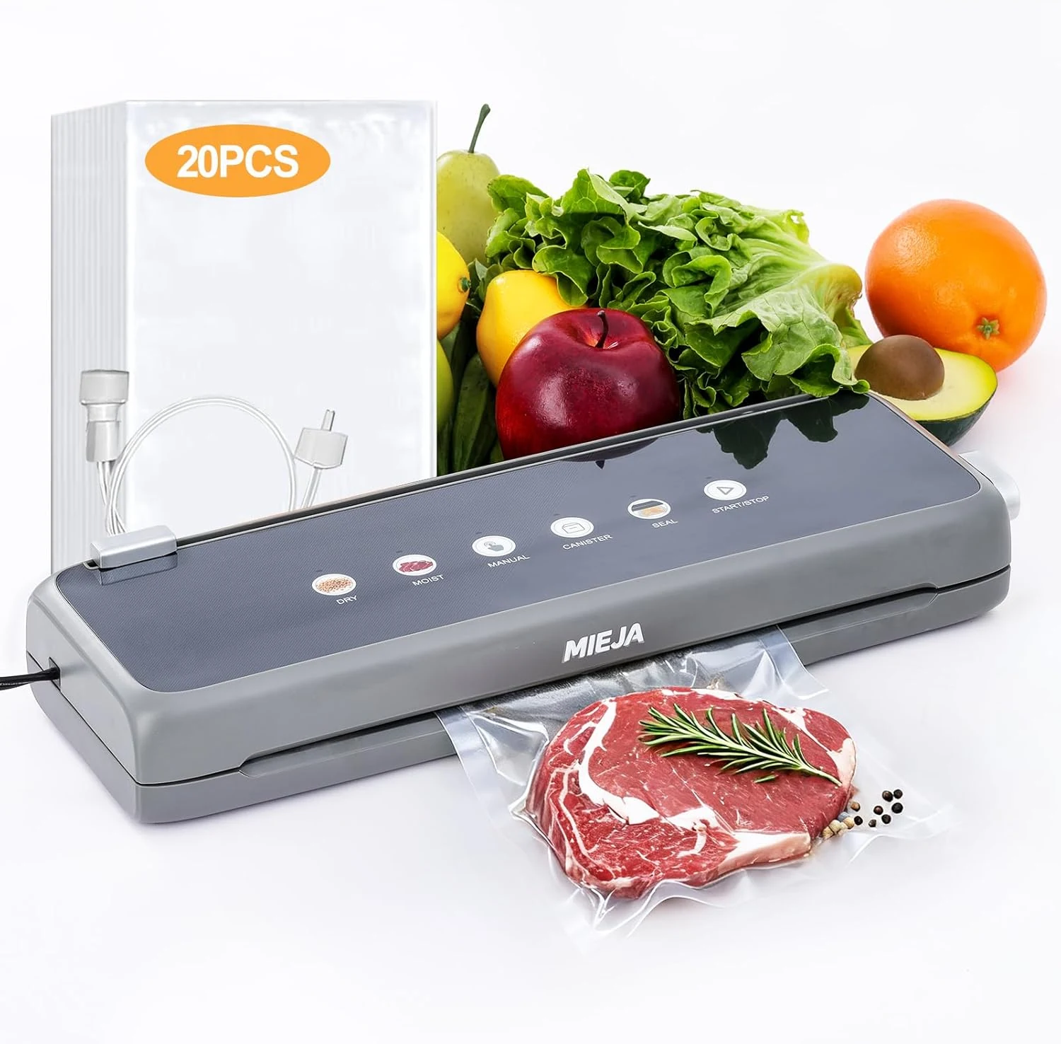 Food Vacuum Sealer Machine, 5-in-1 Dry & Moist Modes Automatic One-Touch Sealer with Built-in Cutter, External Hose for Jars, 20 BPA-Free Bags, Compact for Sous Vide, Meal Prep & Freezer Storage