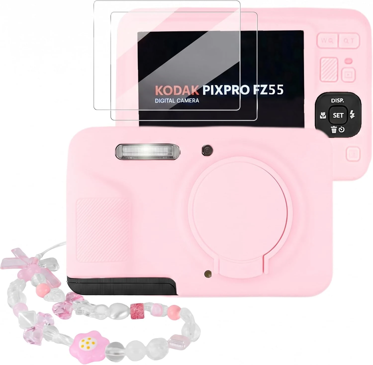 Camera Case for Kodak PIXPRO FZ55 with 2 Screen Protectors & Cute Camera Charm Wrist Strap, Soft Silicone Protective Case with Lens Cover (Two-Tone Pink)
