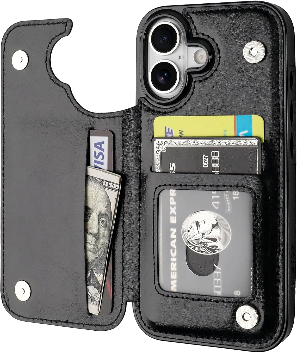 ONETOP Compatible with iPhone 17 Wallet Case with Card Holder, PU Leather Kickstand Card Slots Case, Double Magnetic Clasp and Durable Shockproof Cover (Black)