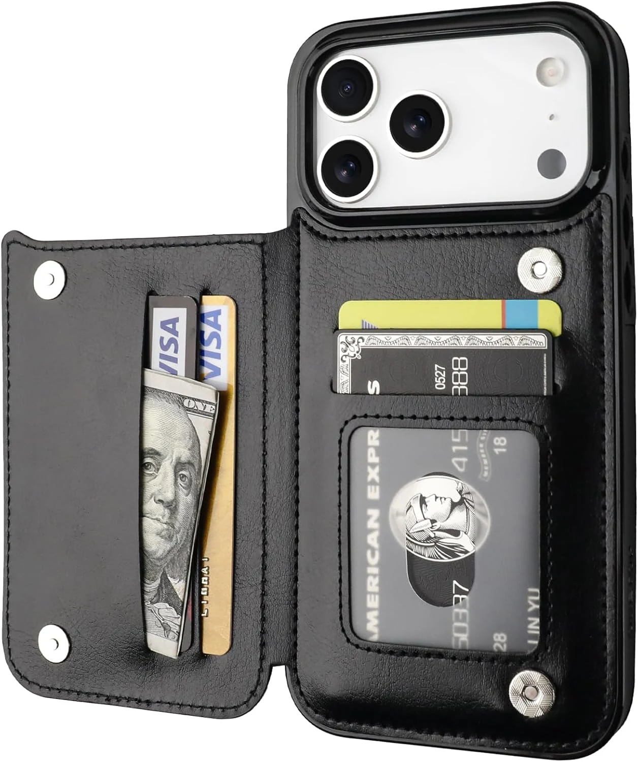 ONETOP Compatible with iPhone 17 Pro Max Wallet Case with Card Holder, PU Leather Kickstand Card Slots Case, Double Magnetic Clasp and Durable Shockproof Cover (Black)