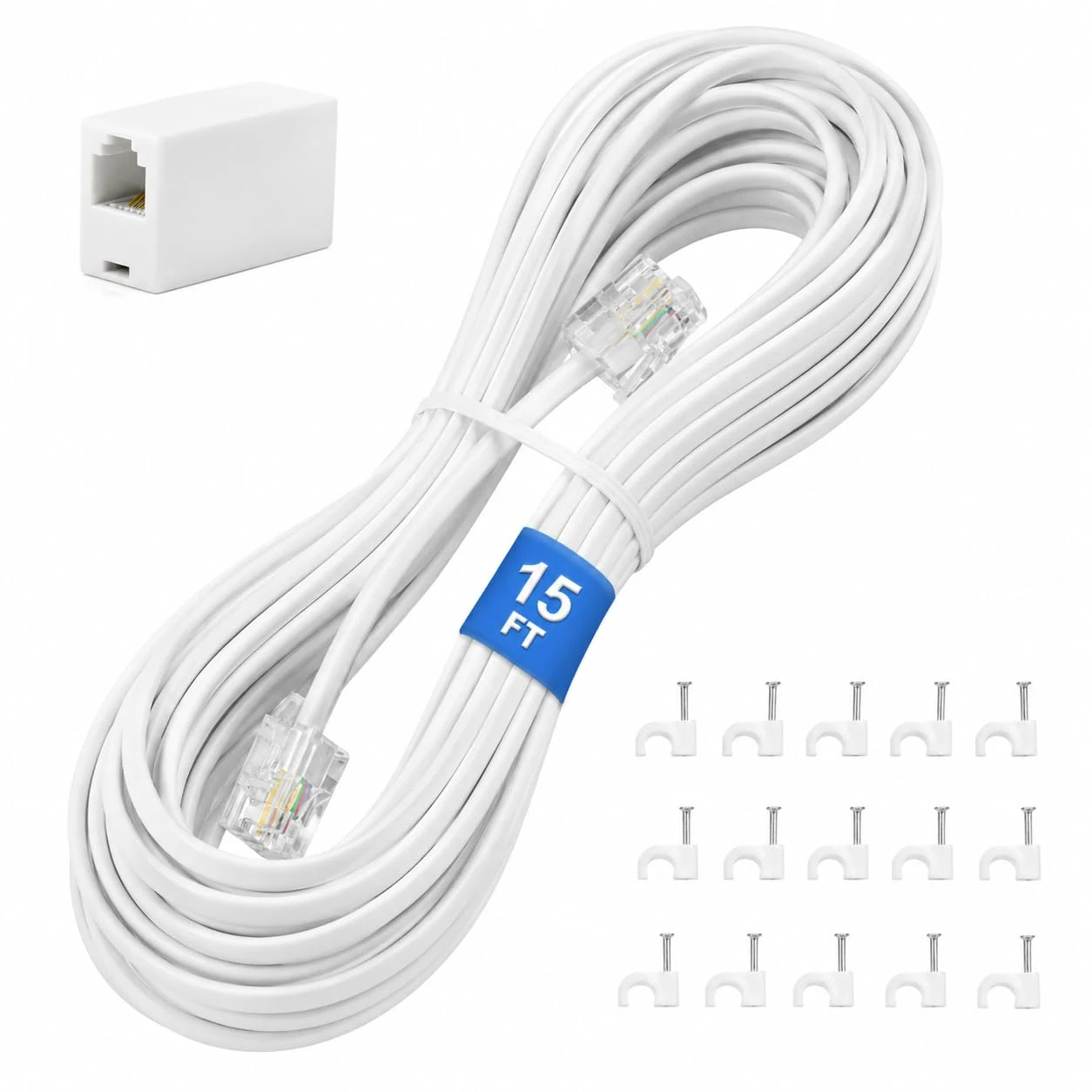Uvital Phone Extension Cord 15 FT, Telephone Extension Line Cable with RJ11 Plug and 1 in-line Coupler and 15pcs Nail-in Cable Clip Holders, White