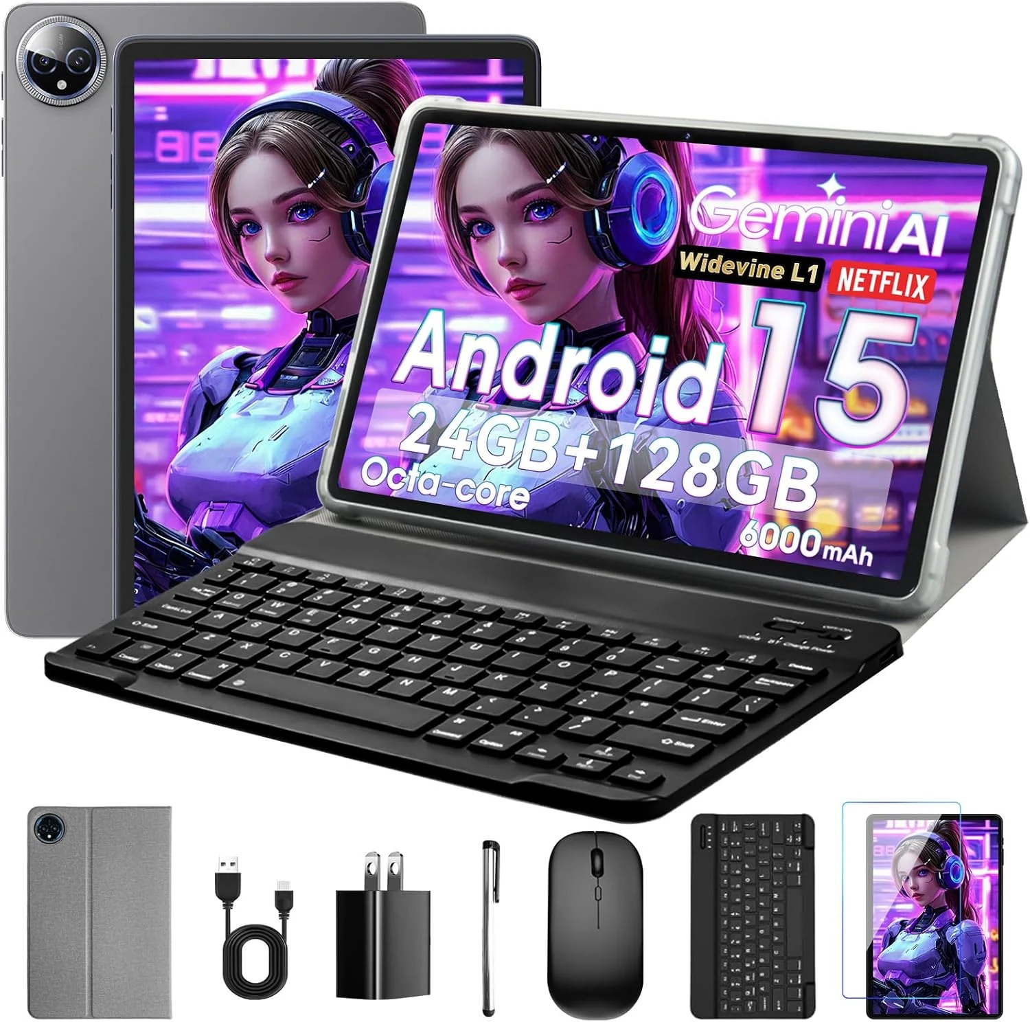 10 Inch Tablet, Android 15 with 24GB RAM + 128GB ROM (1TB Expandable)